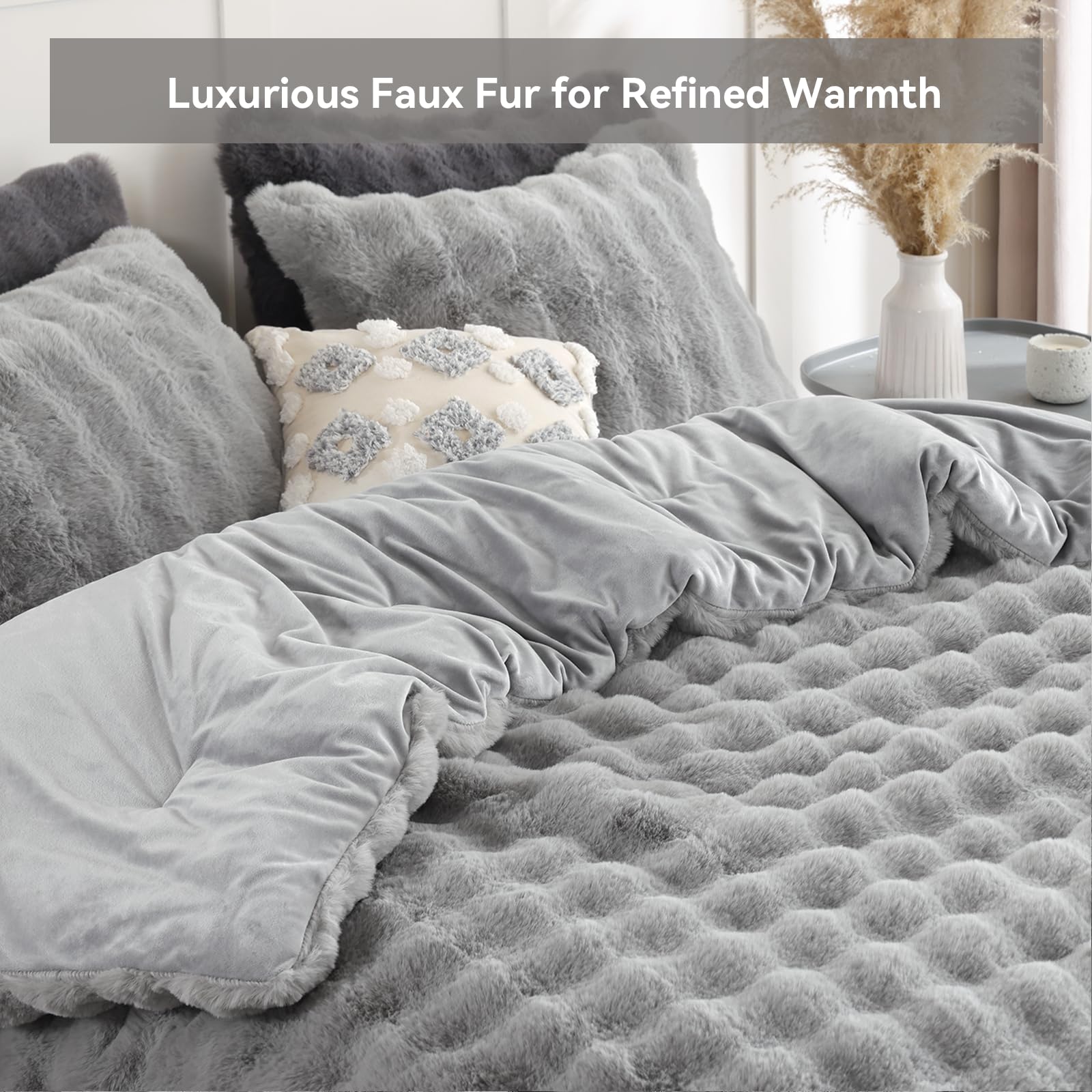 Luxury Faux Rabbit Fur Bubble Comforter Set – Wave Texture Design, Soft & Warm Bedding with Milk Velvet Back