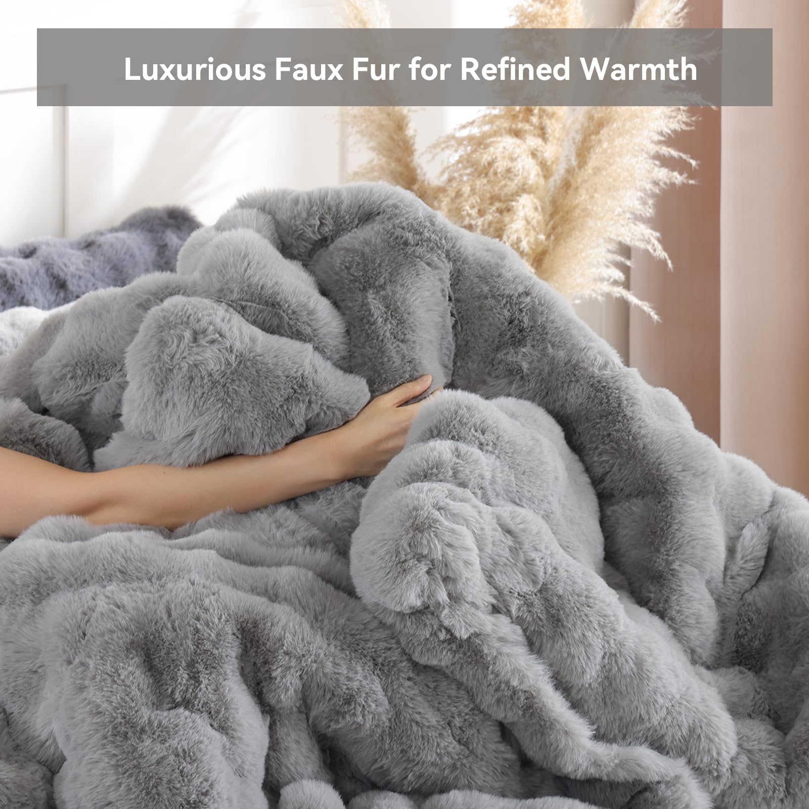 Luxury Faux Rabbit Fur Bubble Comforter Set – Wave Texture Design, Soft & Warm Bedding with Milk Velvet Back