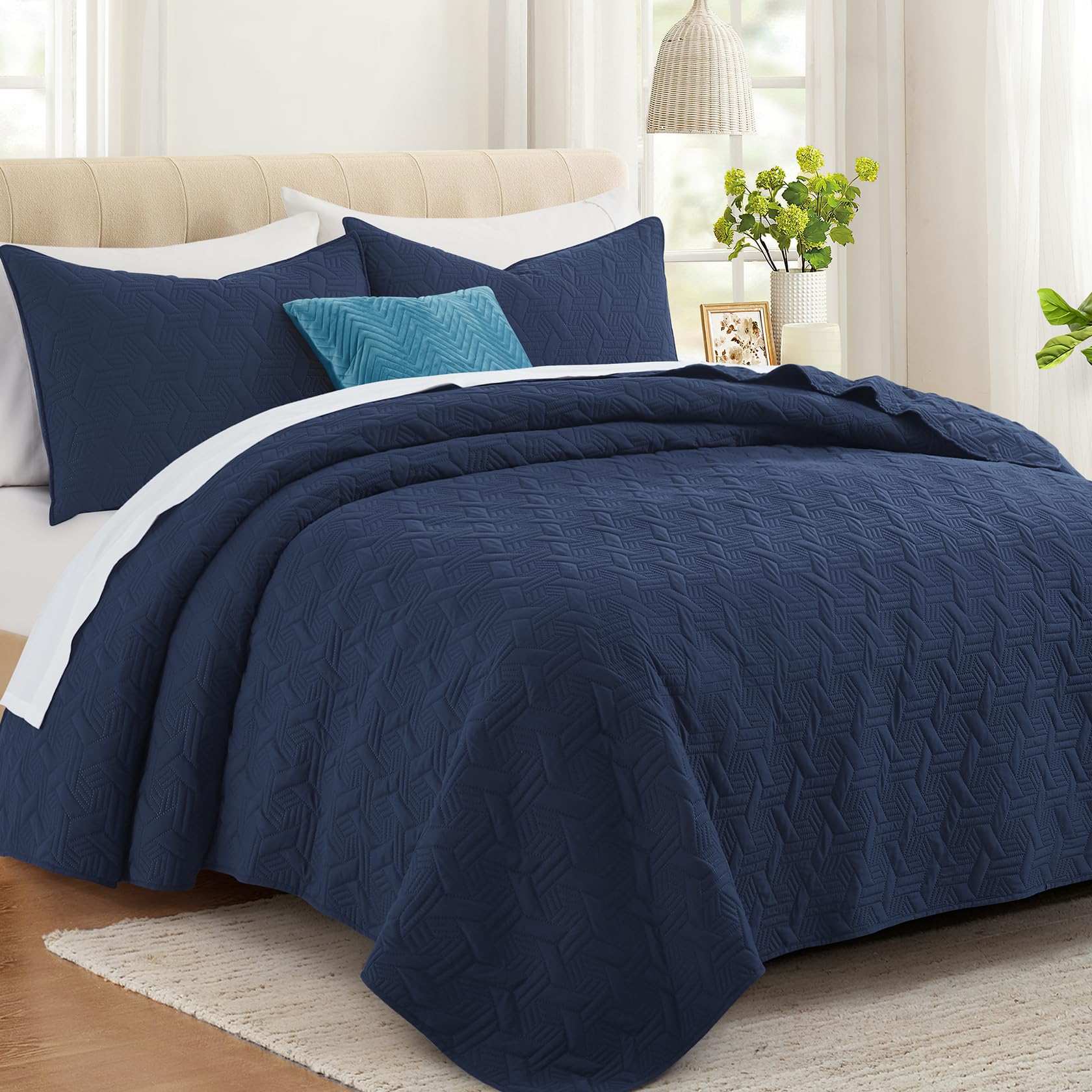 Microfiber Quilted Bedspread Set – Elegant Basket Pattern Ultrasonic Embossing, 3-Piece Soft & Breathable Bedspread Set
