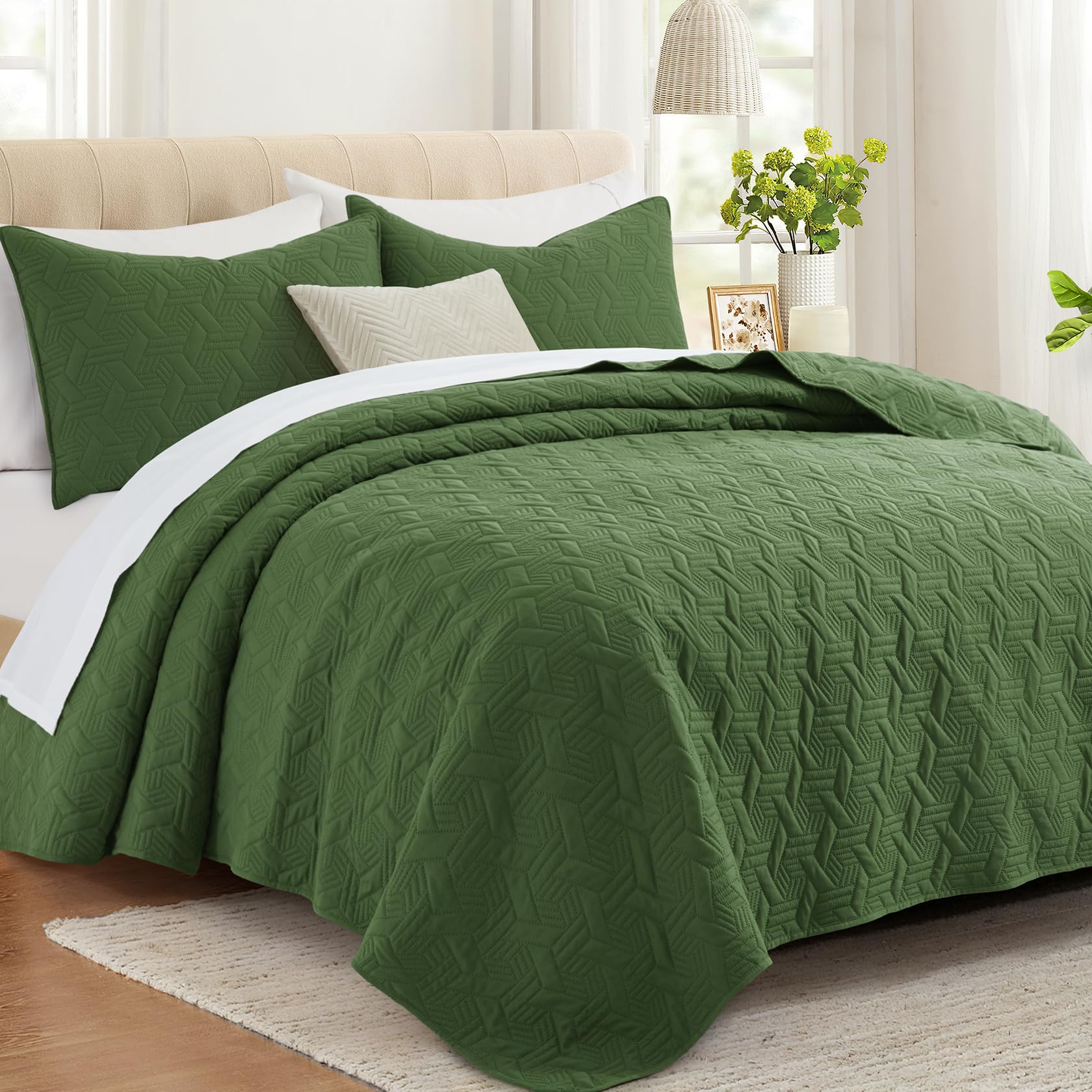 Microfiber Quilted Bedspread Set – Elegant Basket Pattern Ultrasonic Embossing, 3-Piece Soft & Breathable Bedspread Set