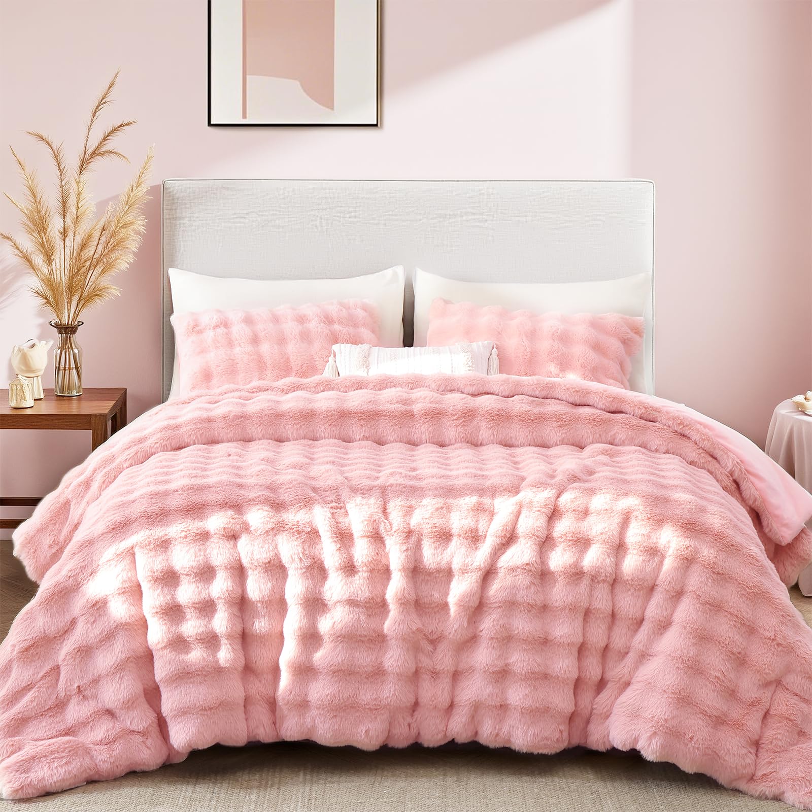 Luxury Faux Rabbit Fur Bubble Comforter Set – Wave Texture Design, Soft & Warm Bedding with Milk Velvet Back