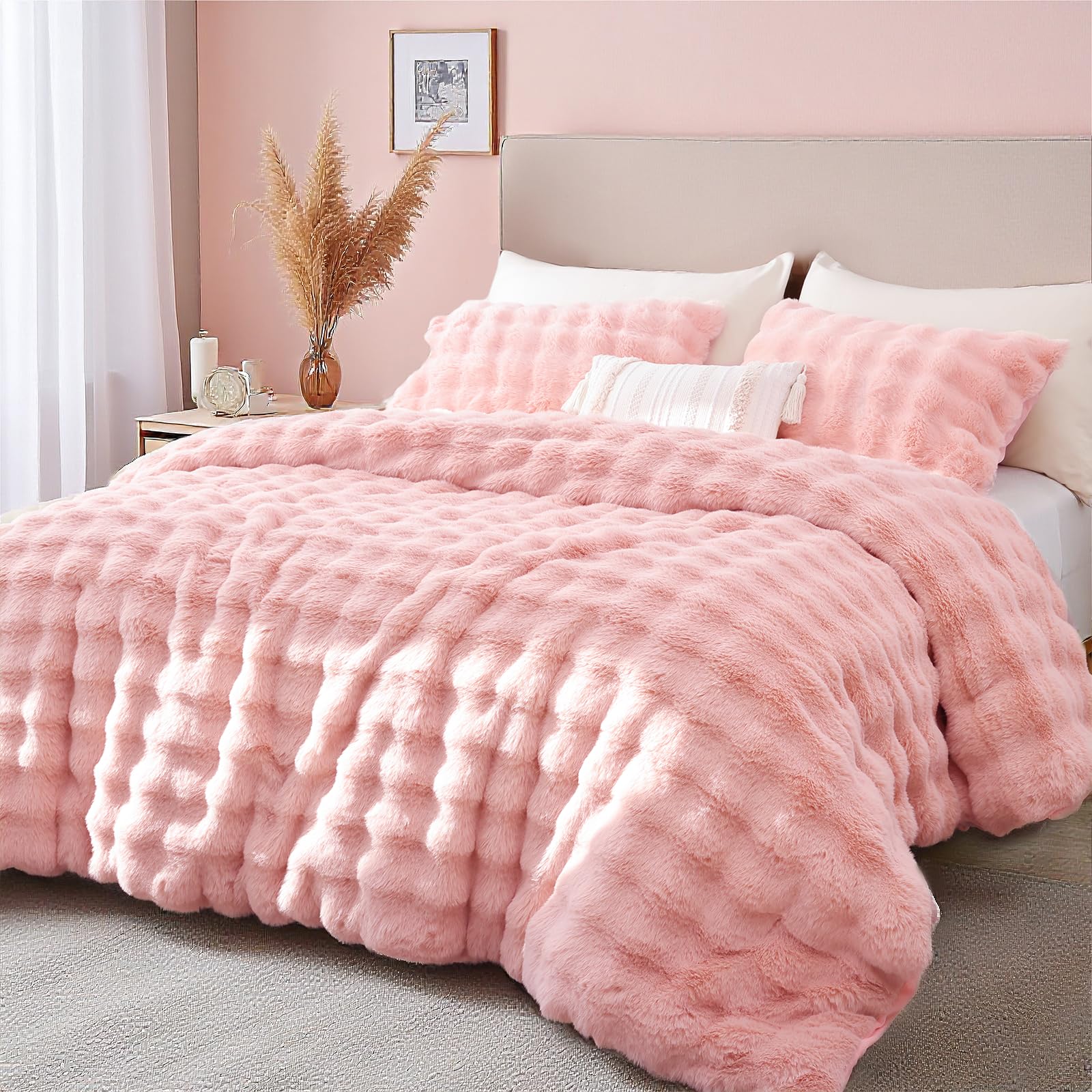 Luxury Faux Rabbit Fur Bubble Comforter Set – Wave Texture Design, Soft & Warm Bedding with Milk Velvet Back
