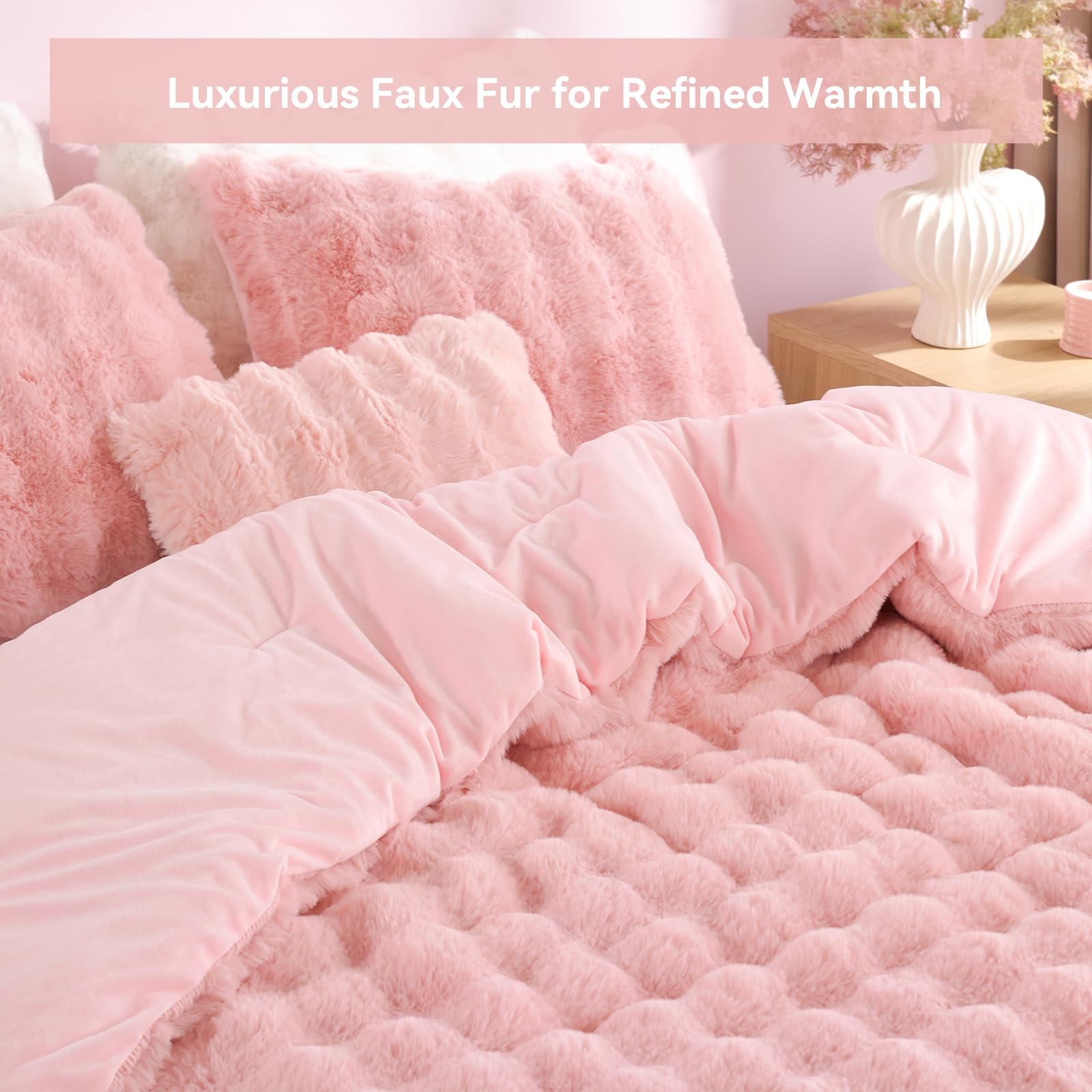Luxury Faux Rabbit Fur Bubble Comforter Set – Wave Texture Design, Soft & Warm Bedding with Milk Velvet Back