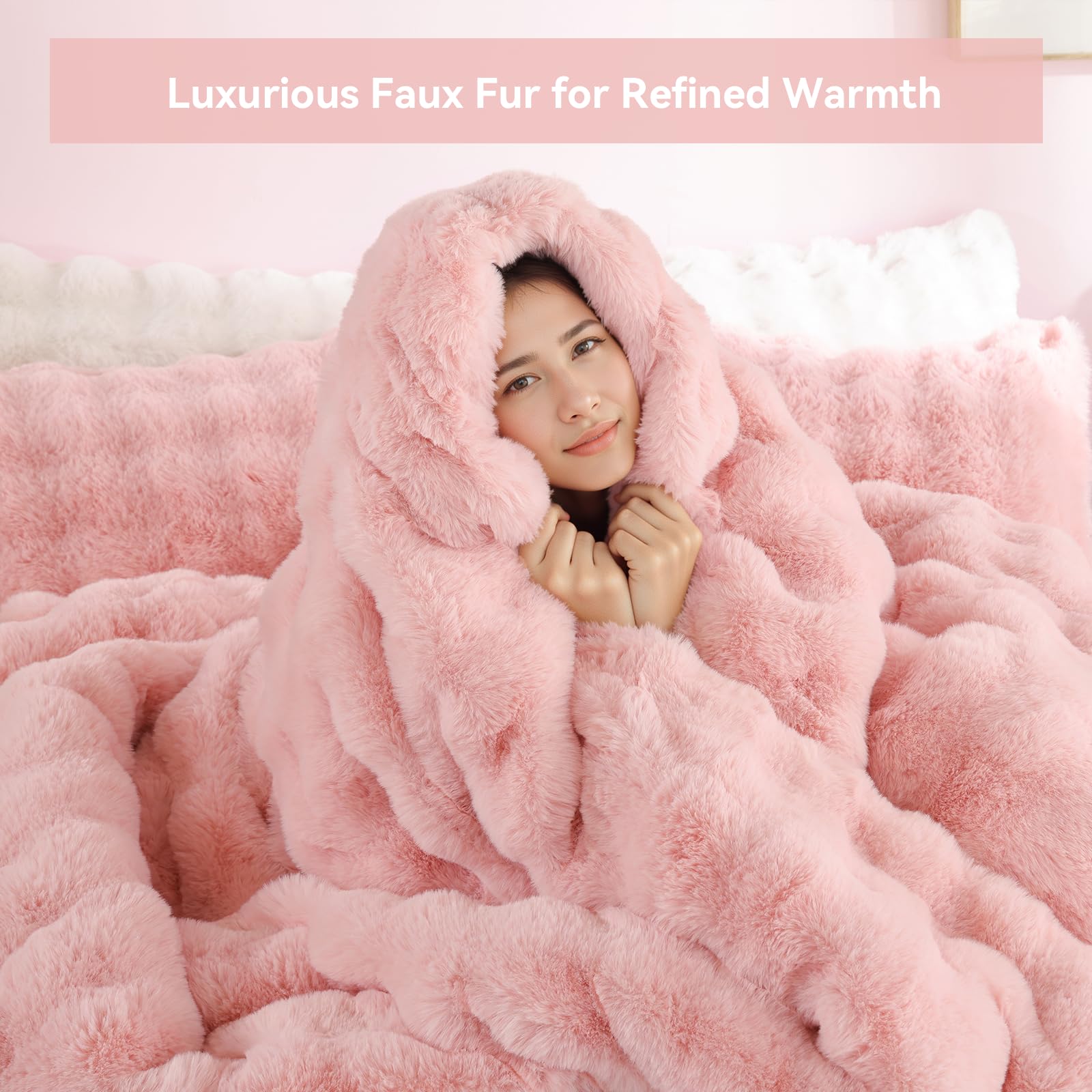 Luxury Faux Rabbit Fur Bubble Comforter Set – Wave Texture Design, Soft & Warm Bedding with Milk Velvet Back