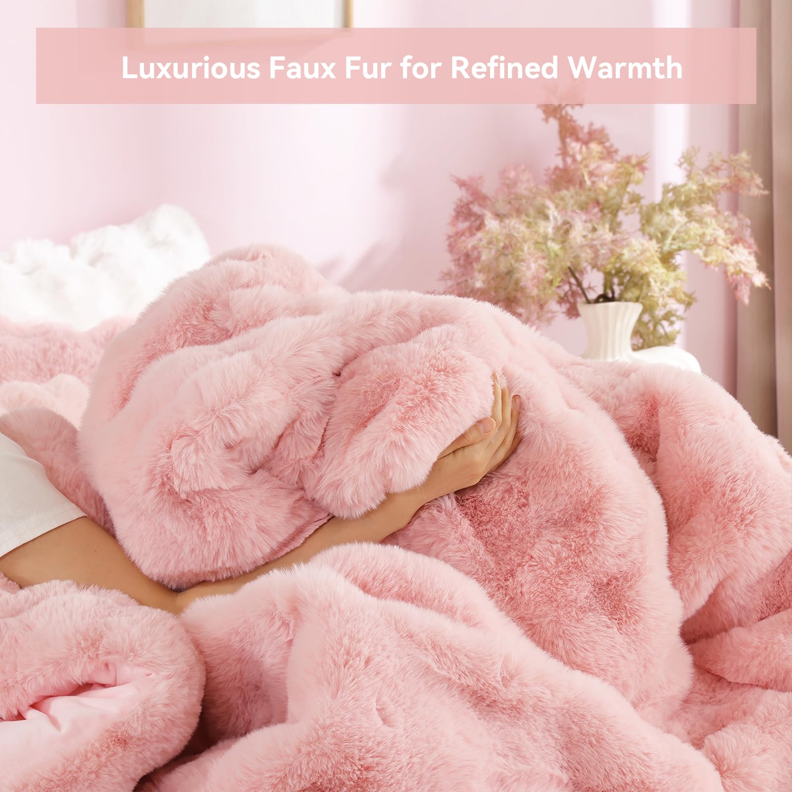 Luxury Faux Rabbit Fur Bubble Comforter Set – Wave Texture Design, Soft & Warm Bedding with Milk Velvet Back