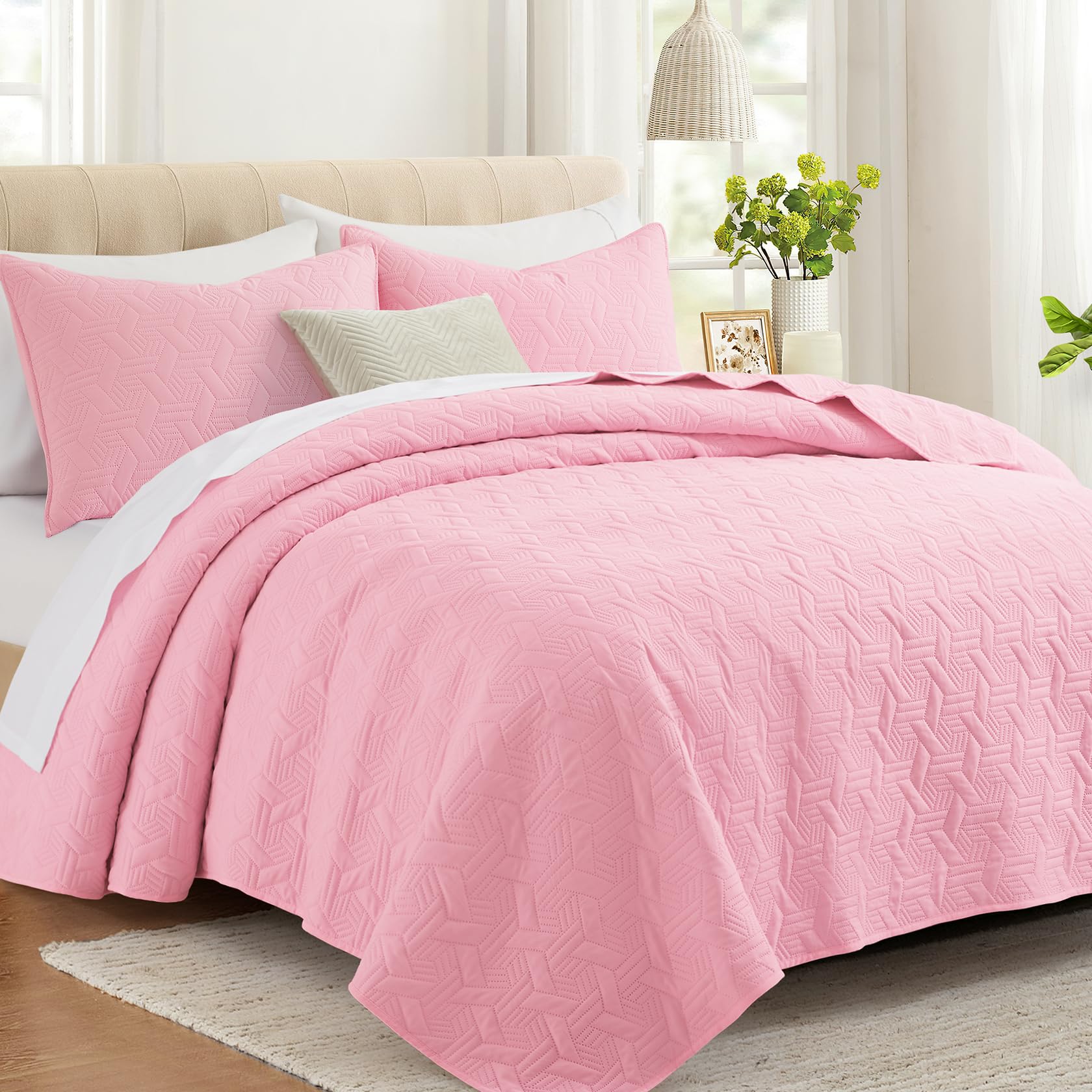 Microfiber Quilted Bedspread Set – Elegant Basket Pattern Ultrasonic Embossing, 3-Piece Soft & Breathable Bedspread Set
