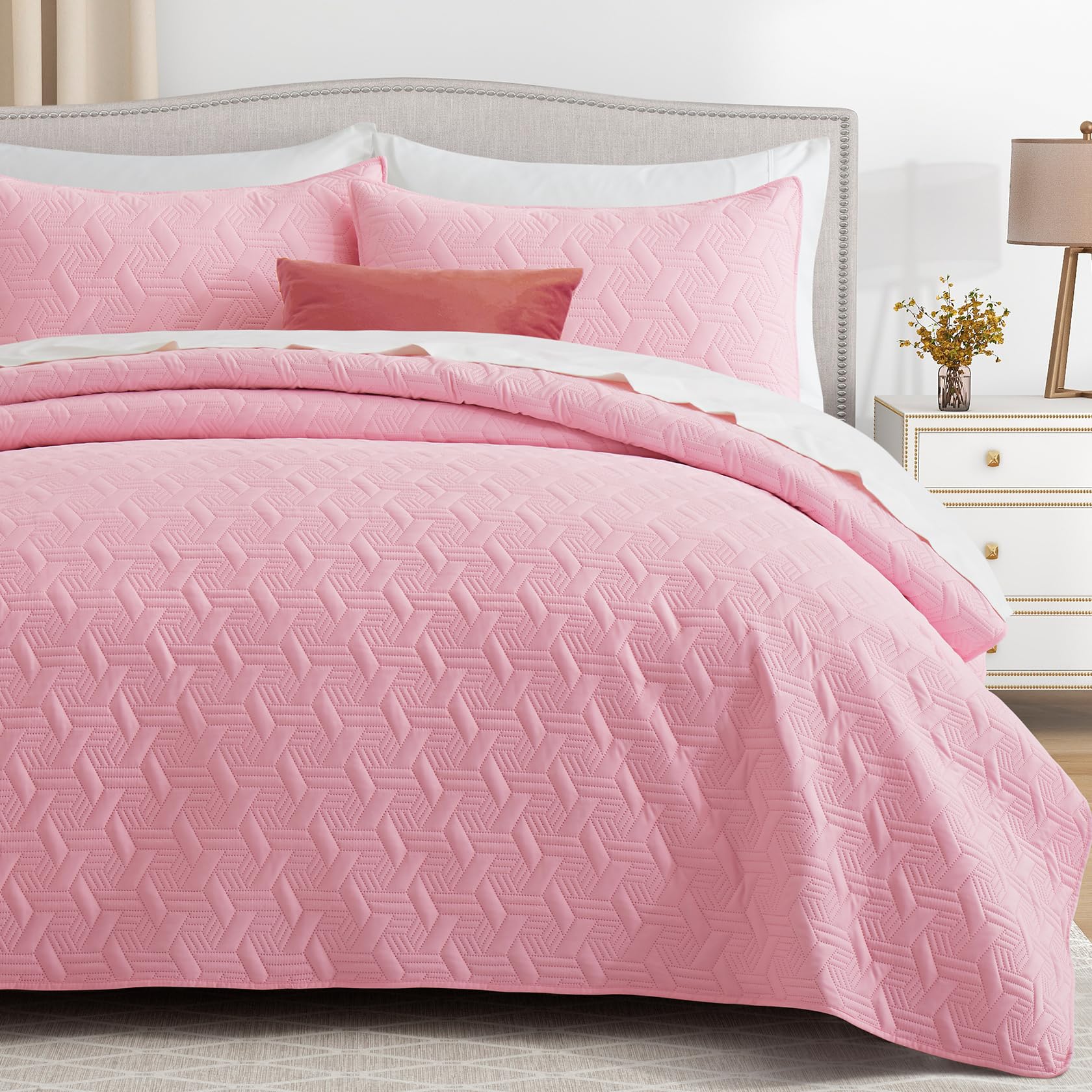 Microfiber Quilted Bedspread Set – Elegant Basket Pattern Ultrasonic Embossing, 3-Piece Soft & Breathable Bedspread Set