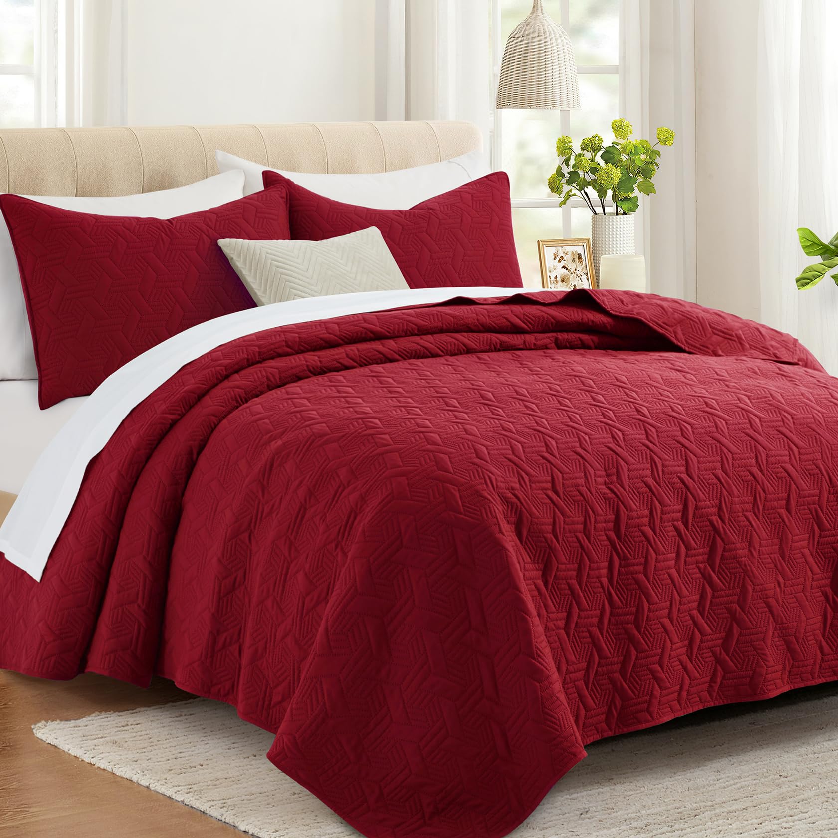 Microfiber Quilted Bedspread Set – Elegant Basket Pattern Ultrasonic Embossing, 3-Piece Soft & Breathable Bedspread Set