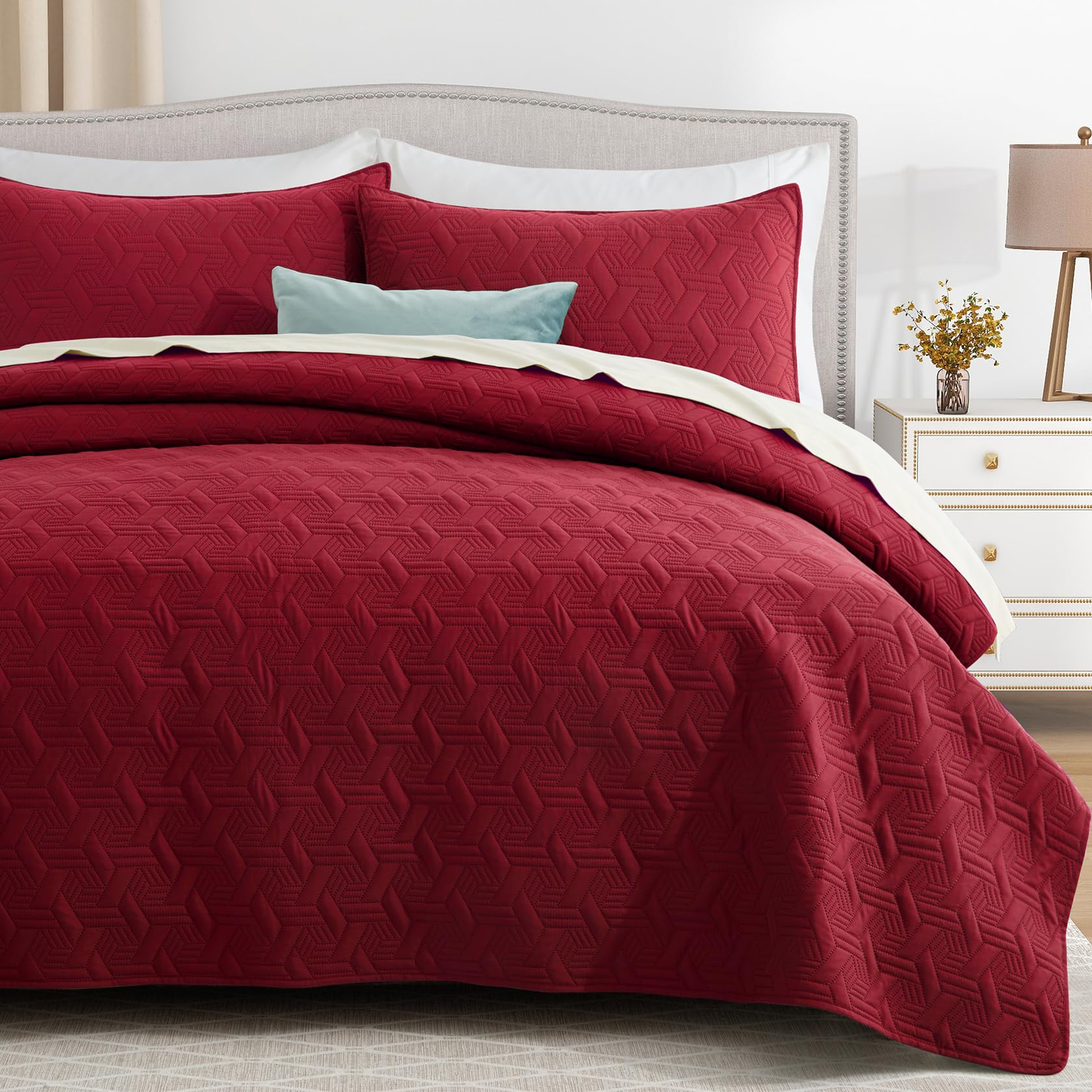 Microfiber Quilted Bedspread Set – Elegant Basket Pattern Ultrasonic Embossing, 3-Piece Soft & Breathable Bedspread Set