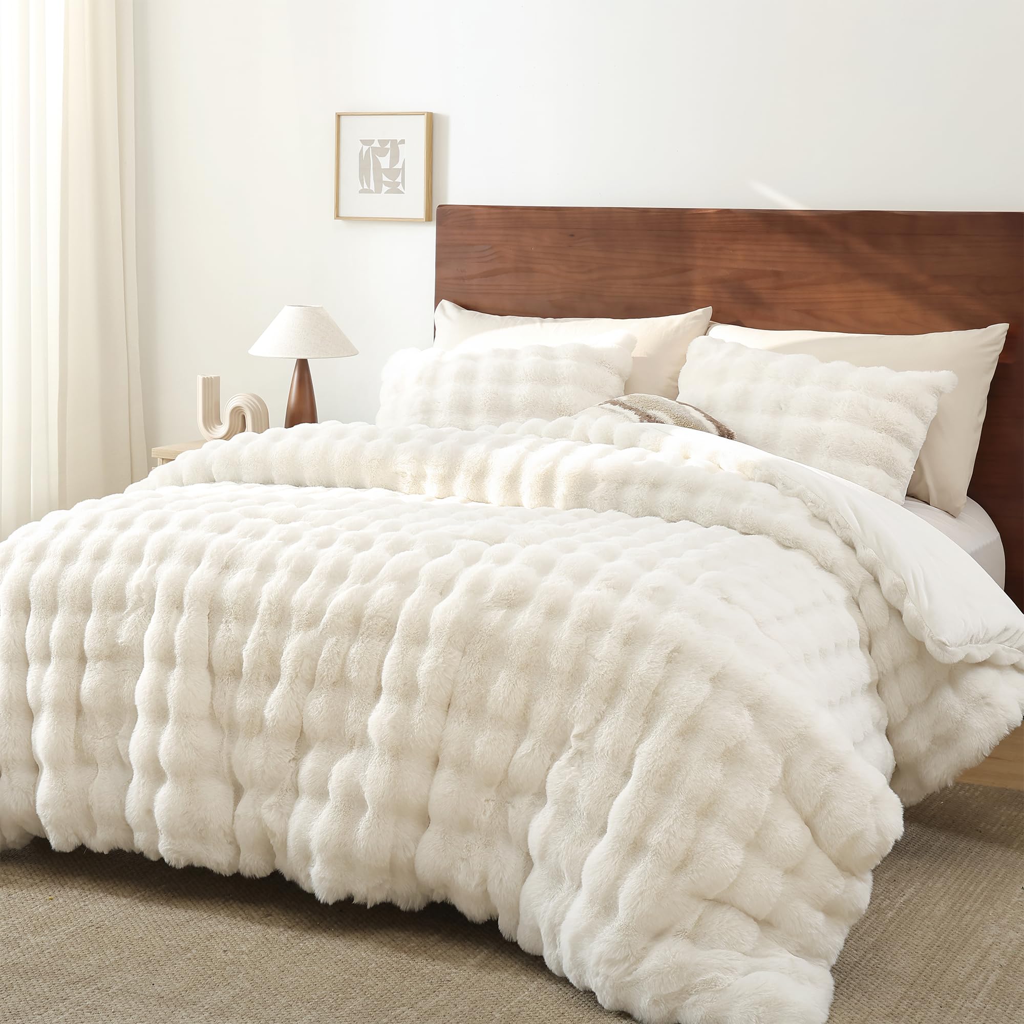 Luxury Faux Rabbit Fur Bubble Comforter Set – Wave Texture Design, Soft & Warm Bedding with Milk Velvet Back