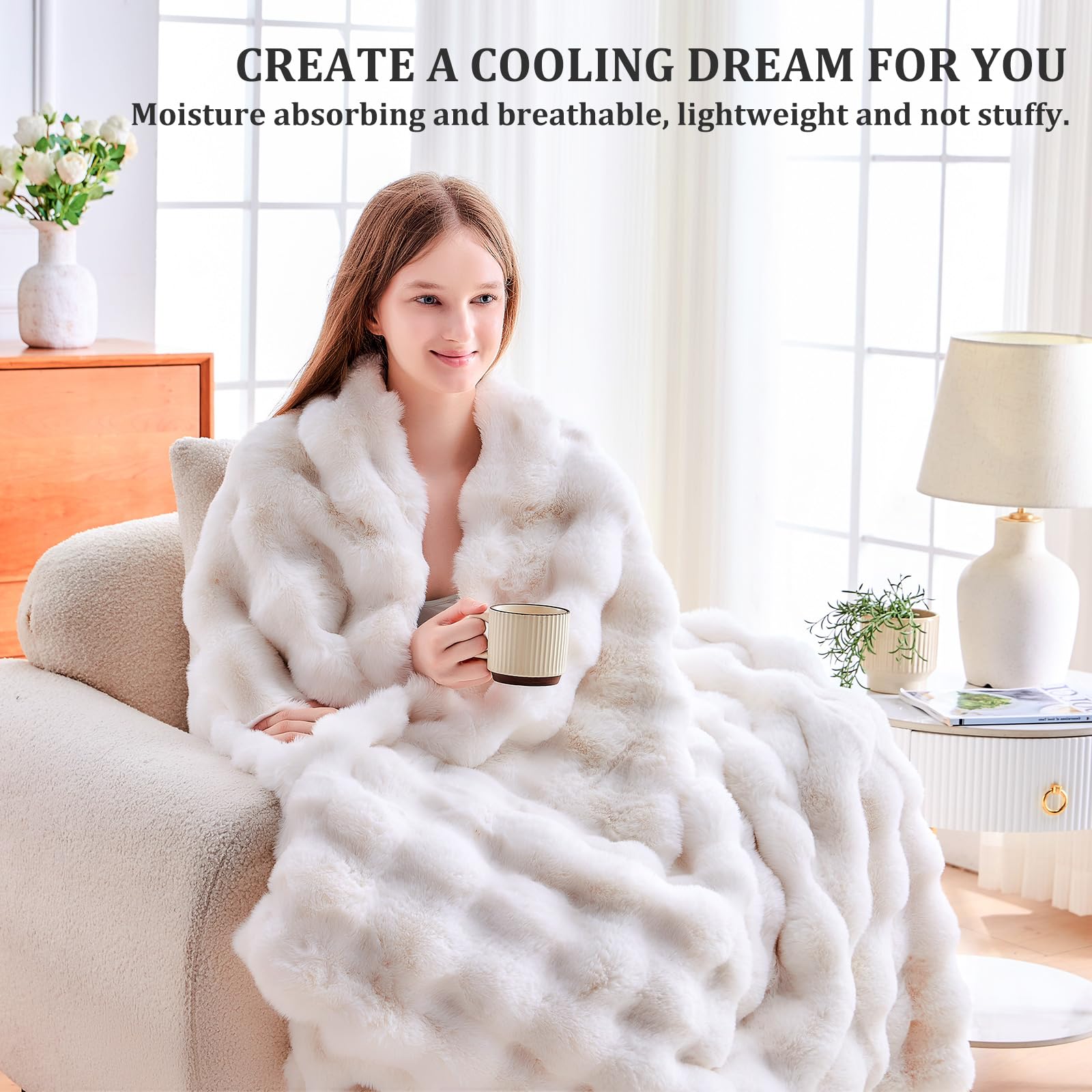 Dual-Layer Faux Rabbit Fur & Fleece Blanket – Bubble Wave Design, Soft & Durable Cozy Throw