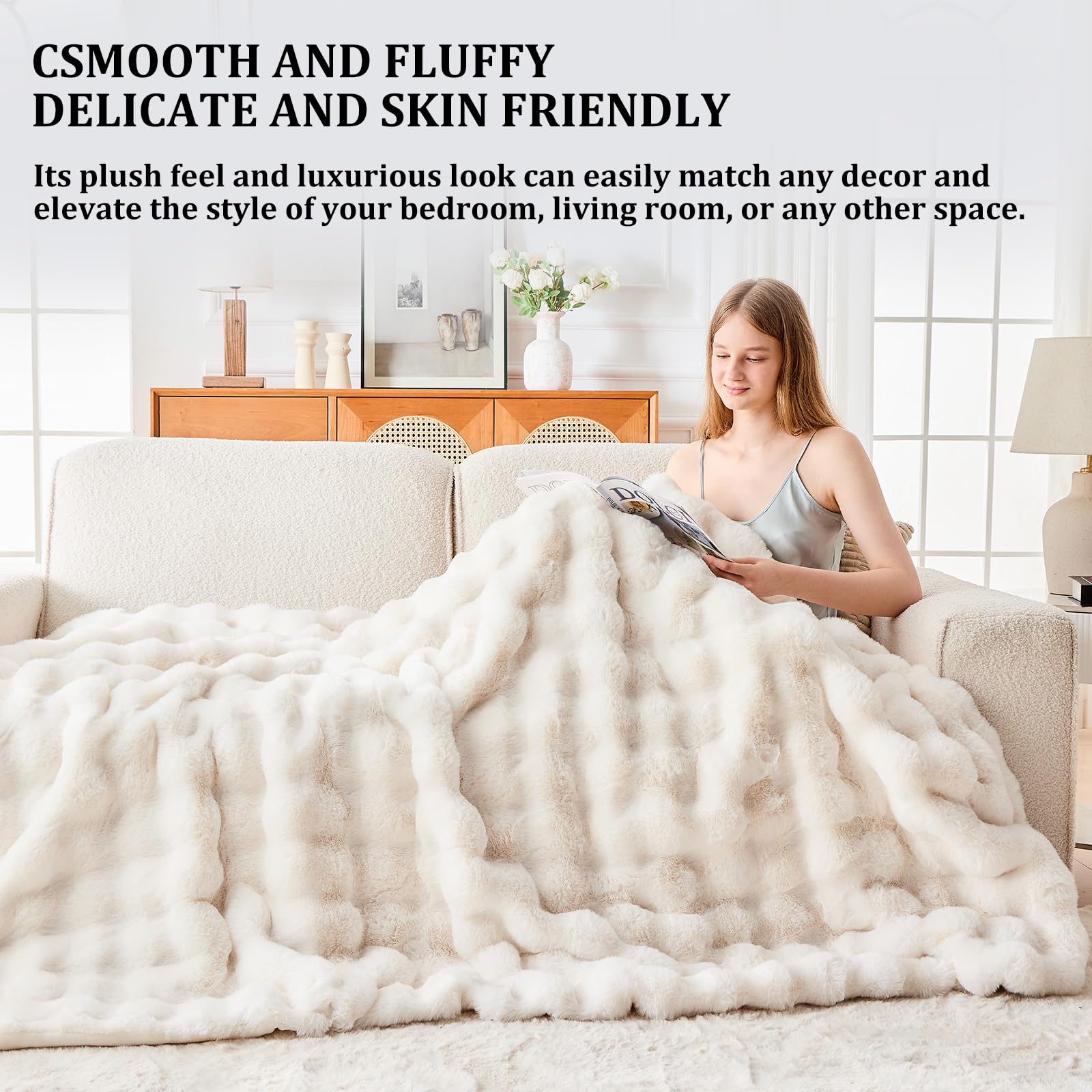 Dual-Layer Faux Rabbit Fur & Fleece Blanket – Bubble Wave Design, Soft & Durable Cozy Throw