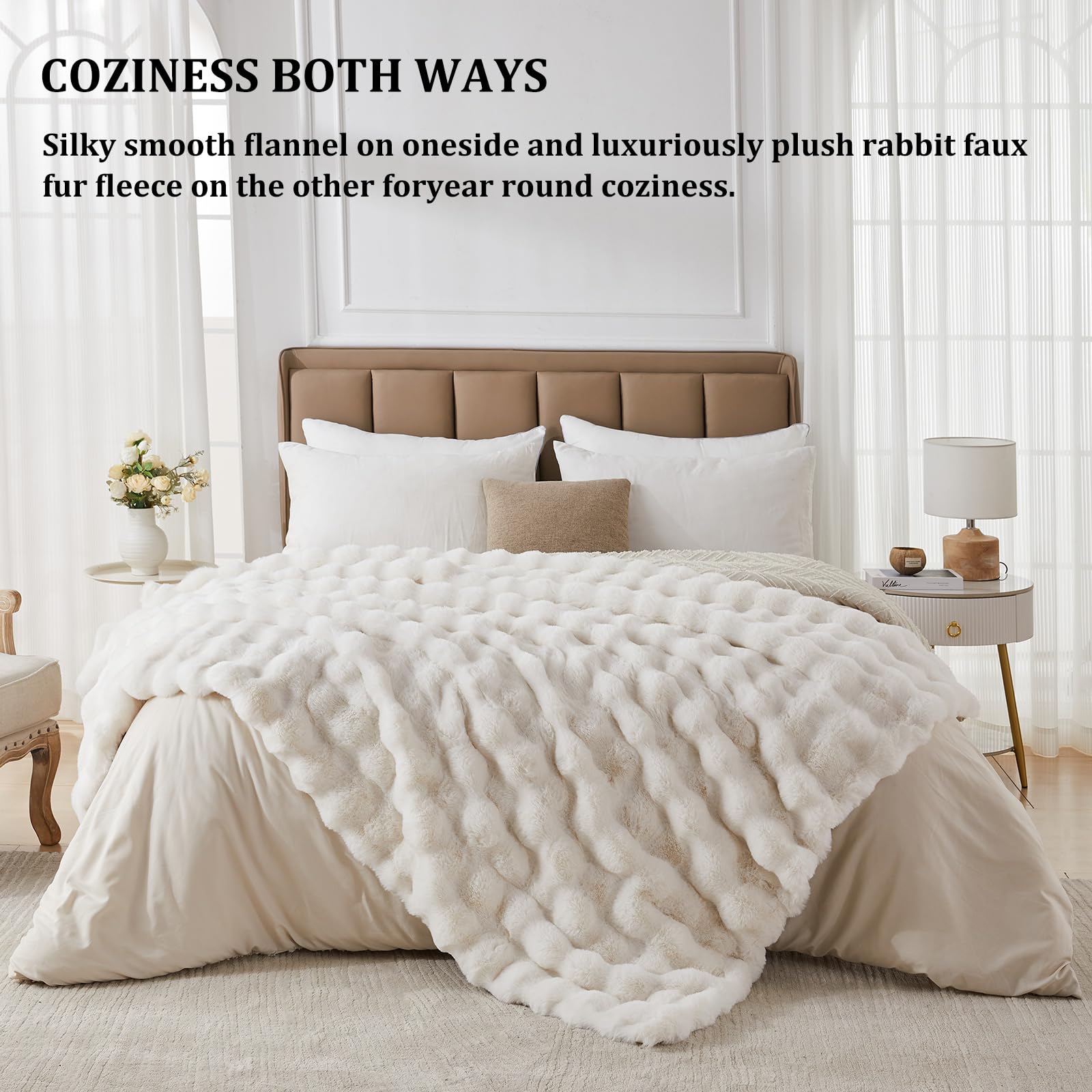 Dual-Layer Faux Rabbit Fur & Fleece Blanket – Bubble Wave Design, Soft & Durable Cozy Throw