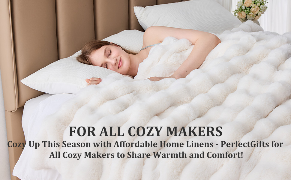 Dual-Layer Faux Rabbit Fur & Fleece Blanket – Bubble Wave Design, Soft & Durable Cozy Throw