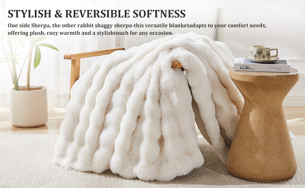 Dual-Layer Faux Rabbit Fur & Fleece Blanket – Bubble Wave Design, Soft & Durable Cozy Throw