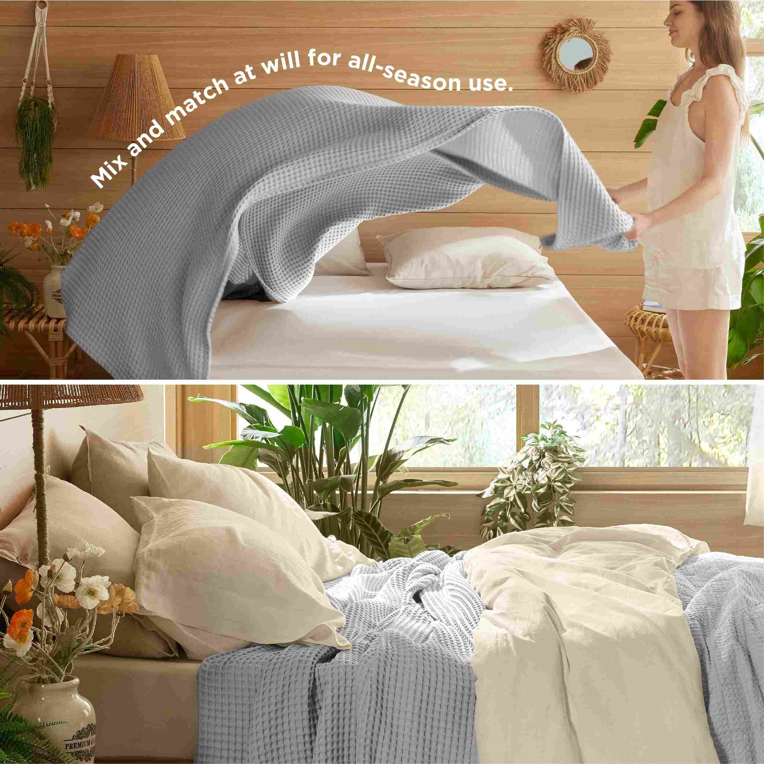 Pure Cotton Waffle Weave Blanket – Soft, Breathable & All-Season Decorative Throw