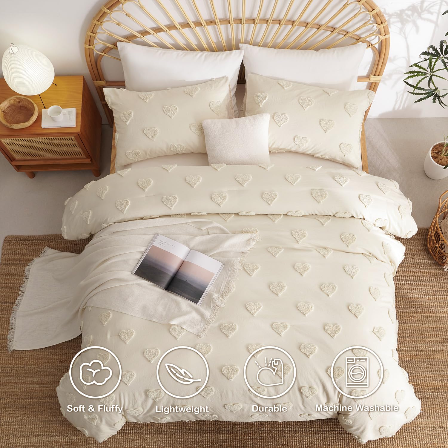 Heart Tufted Quilt Set – Boho-Inspired Design, Soft Microfiber Comfort, Durable Stitching & Easy-Care Bedding