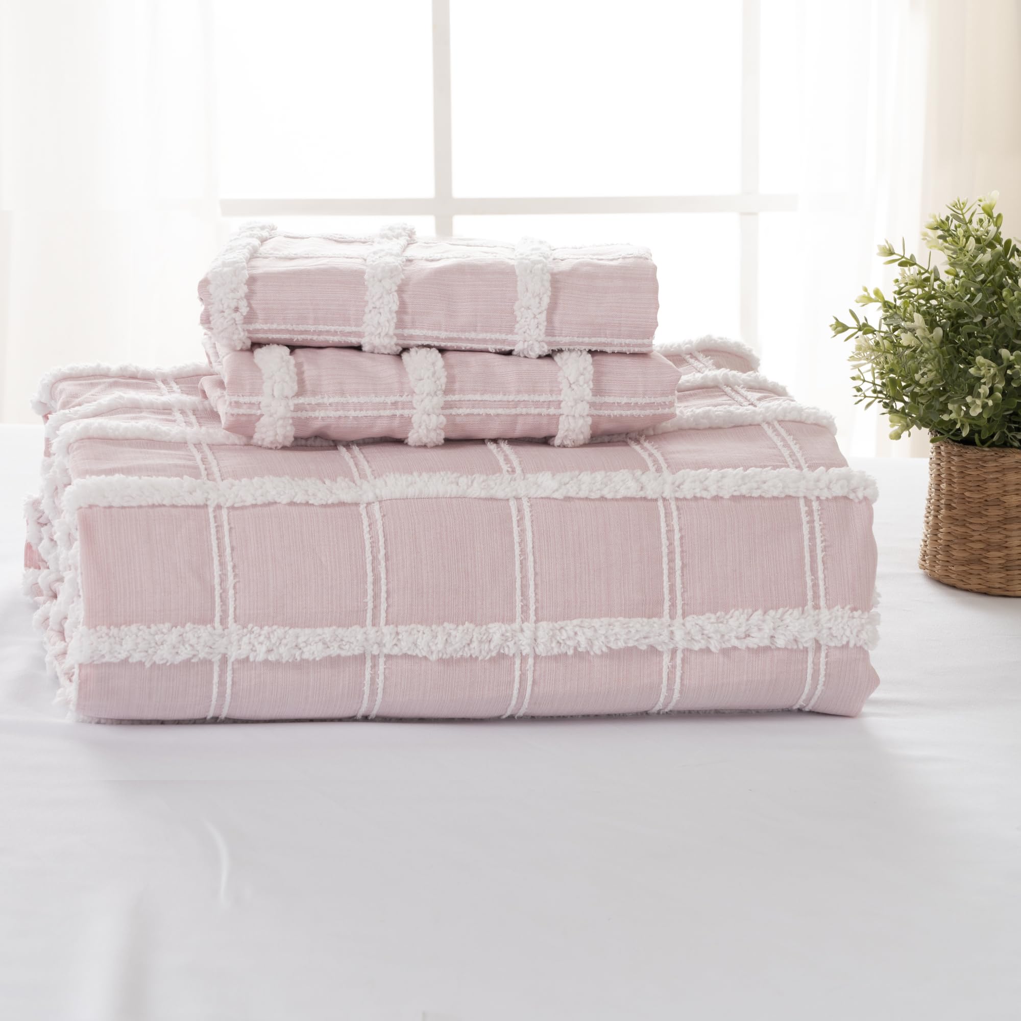 Check Tufted Quilt Set – Soft Microfiber, Boho Textured Design & Easy-Care Durability