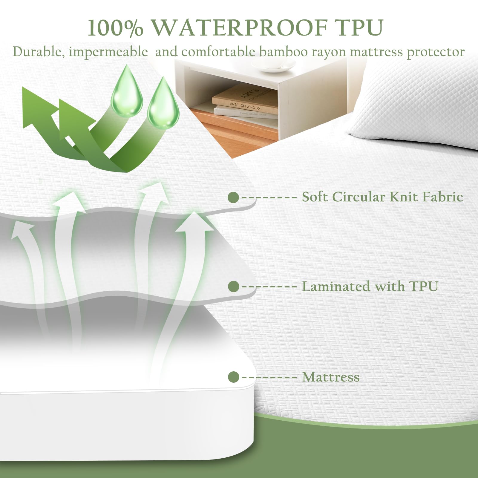 Breathable Bamboo Viscose Waterproof Mattress Protector with Deep Pocket