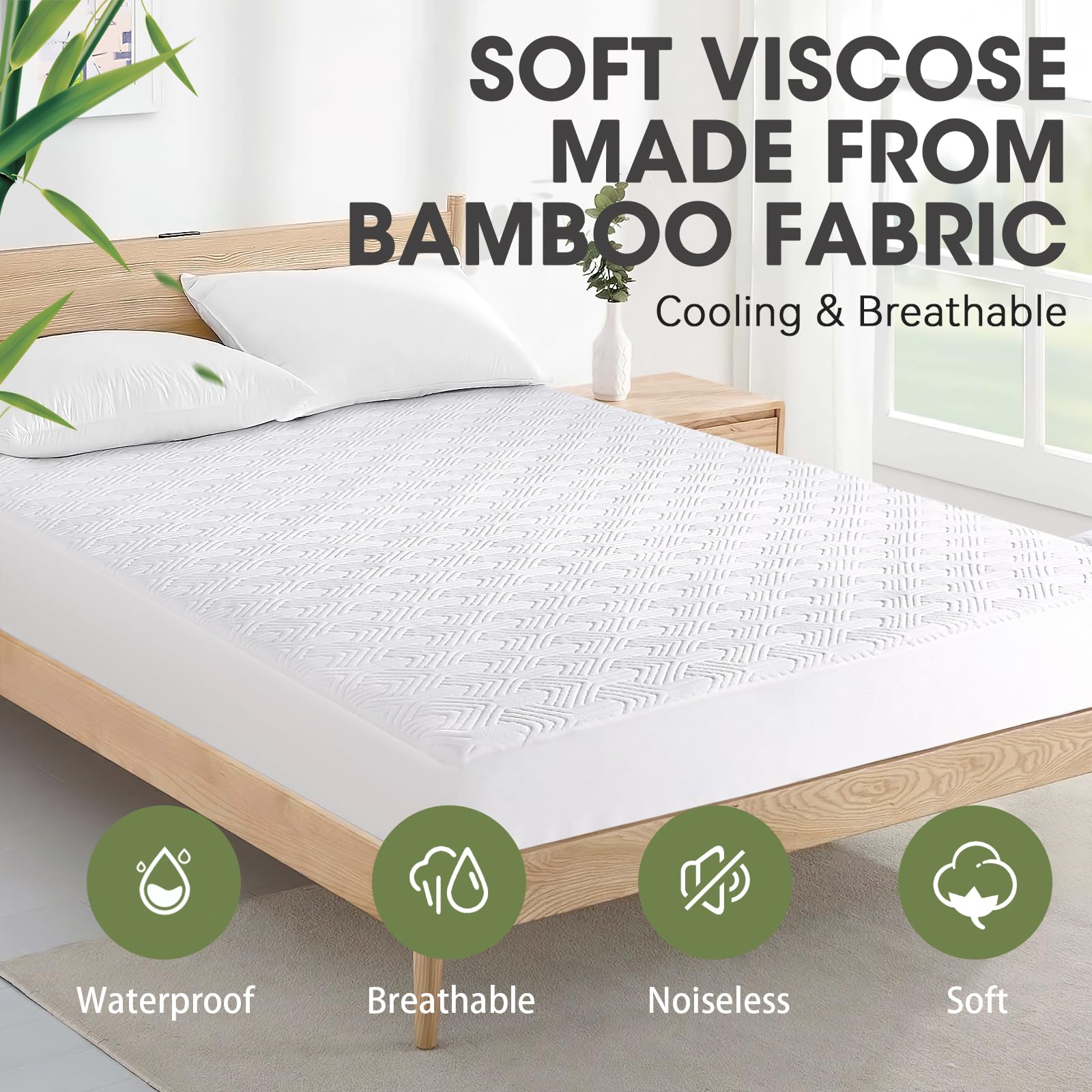 Cooling Bamboo Viscose Waterproof Fitted Mattress Protector with 3D Air Layer & Deep Pocket