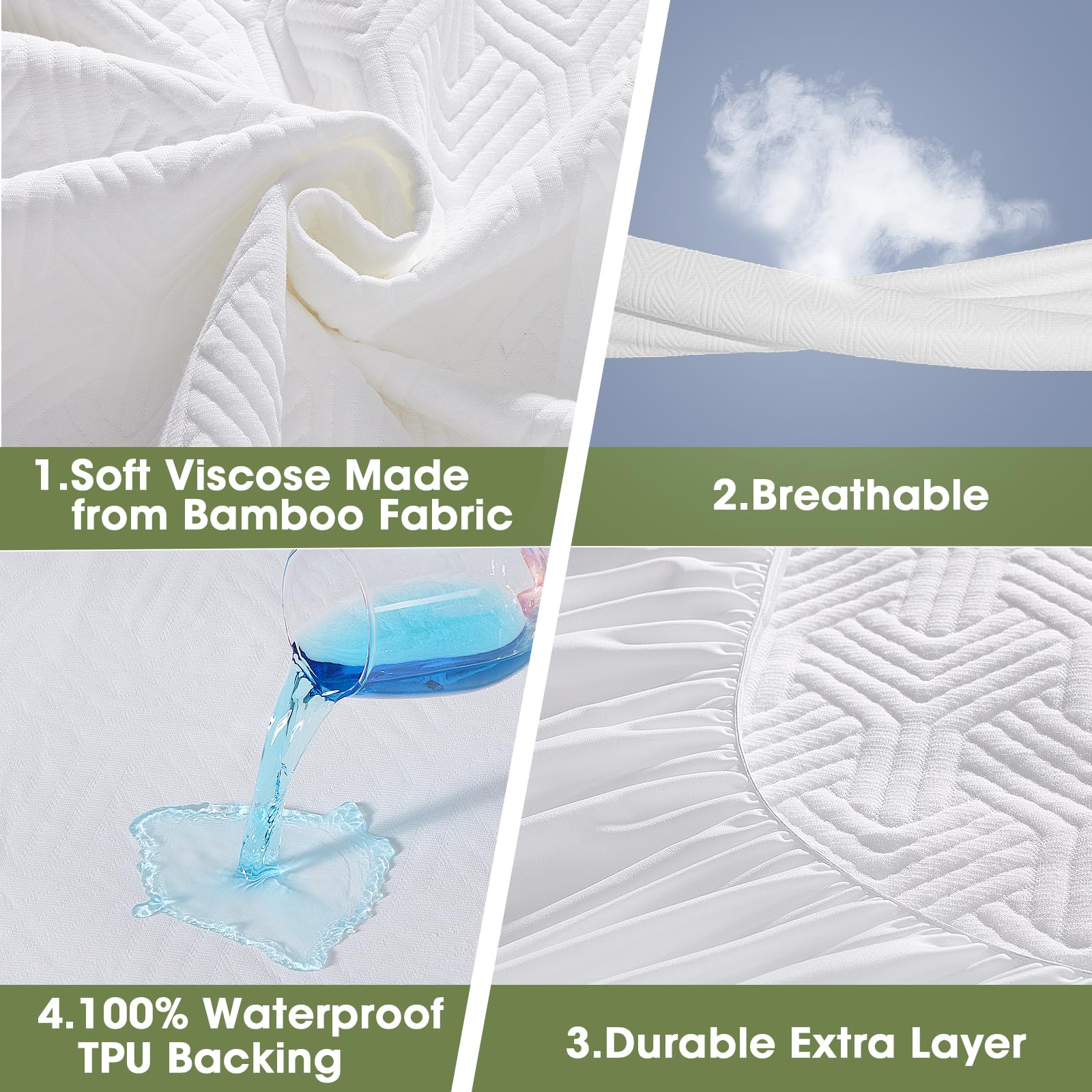 Cooling Bamboo Viscose Waterproof Fitted Mattress Protector with 3D Air Layer & Deep Pocket