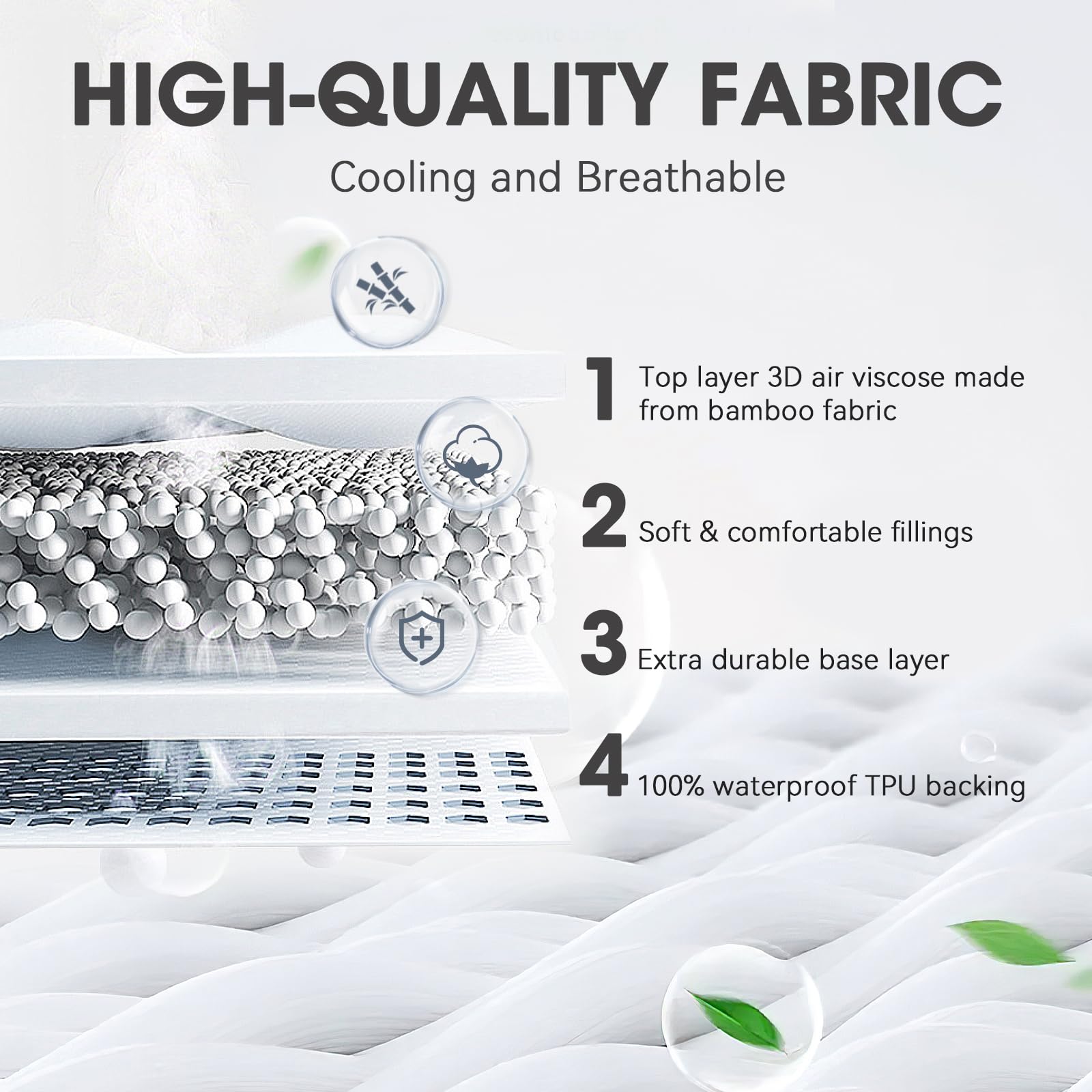Cooling Bamboo Viscose Waterproof Fitted Mattress Protector with 3D Air Layer & Deep Pocket