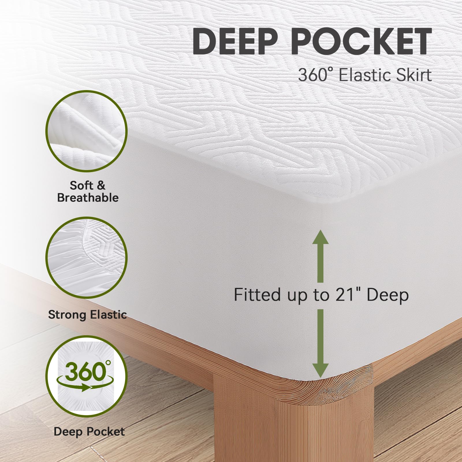 Cooling Bamboo Viscose Waterproof Fitted Mattress Protector with 3D Air Layer & Deep Pocket
