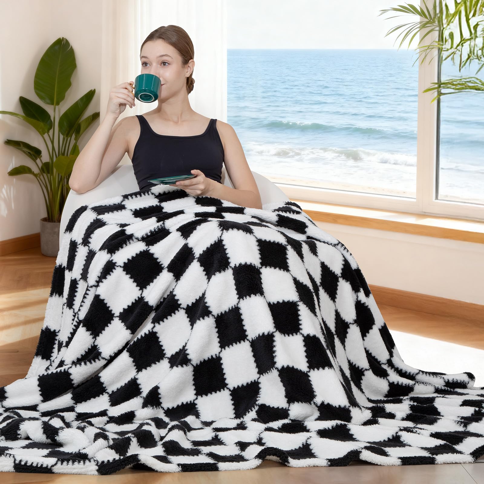 Plaid Flannel Fleece Throw Blanket with Long-Pile Jacquard Texture