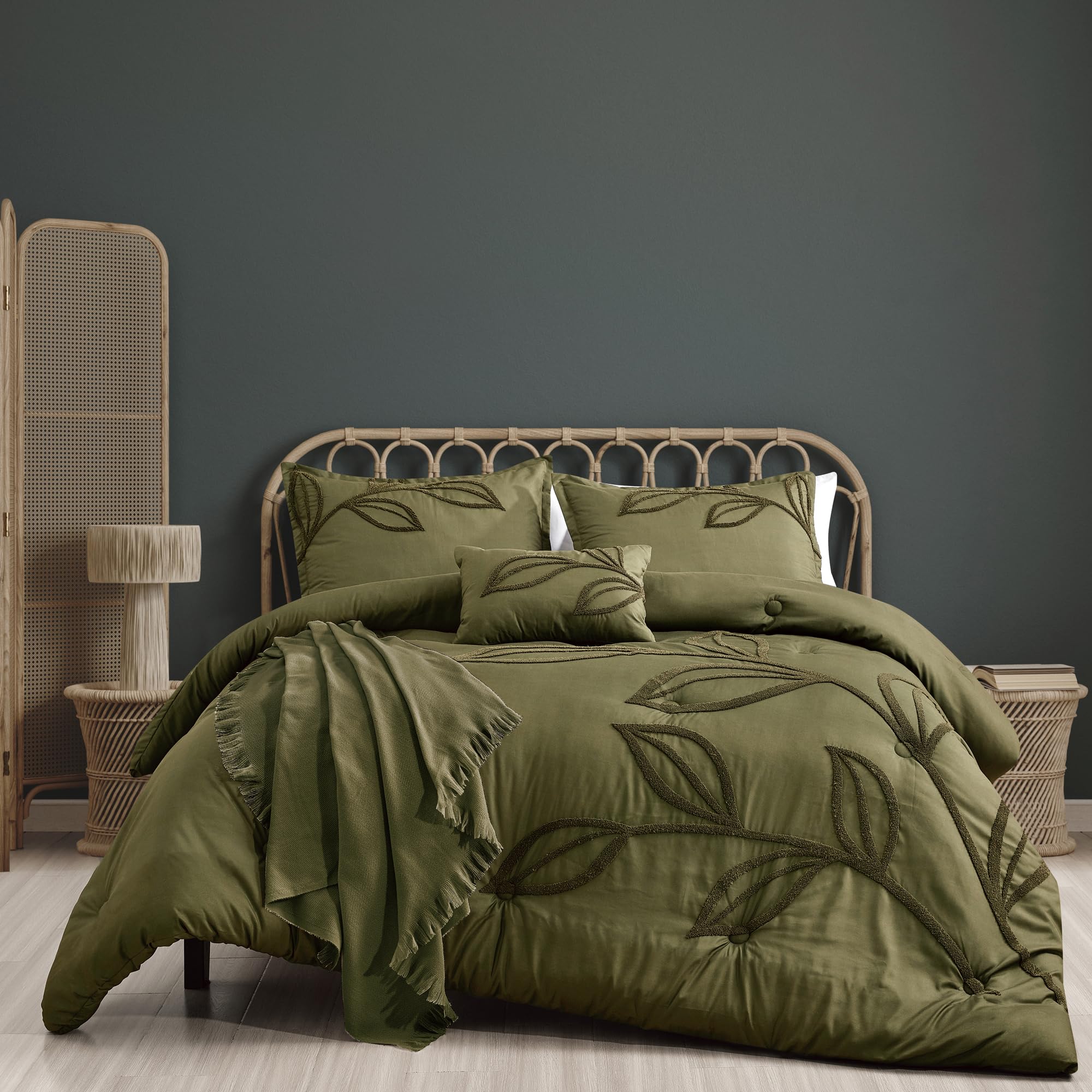 Premium Cotton Chenille Leaf Embroidered Quilt Set – Olive Green, Soft, and Year-Round Comfort