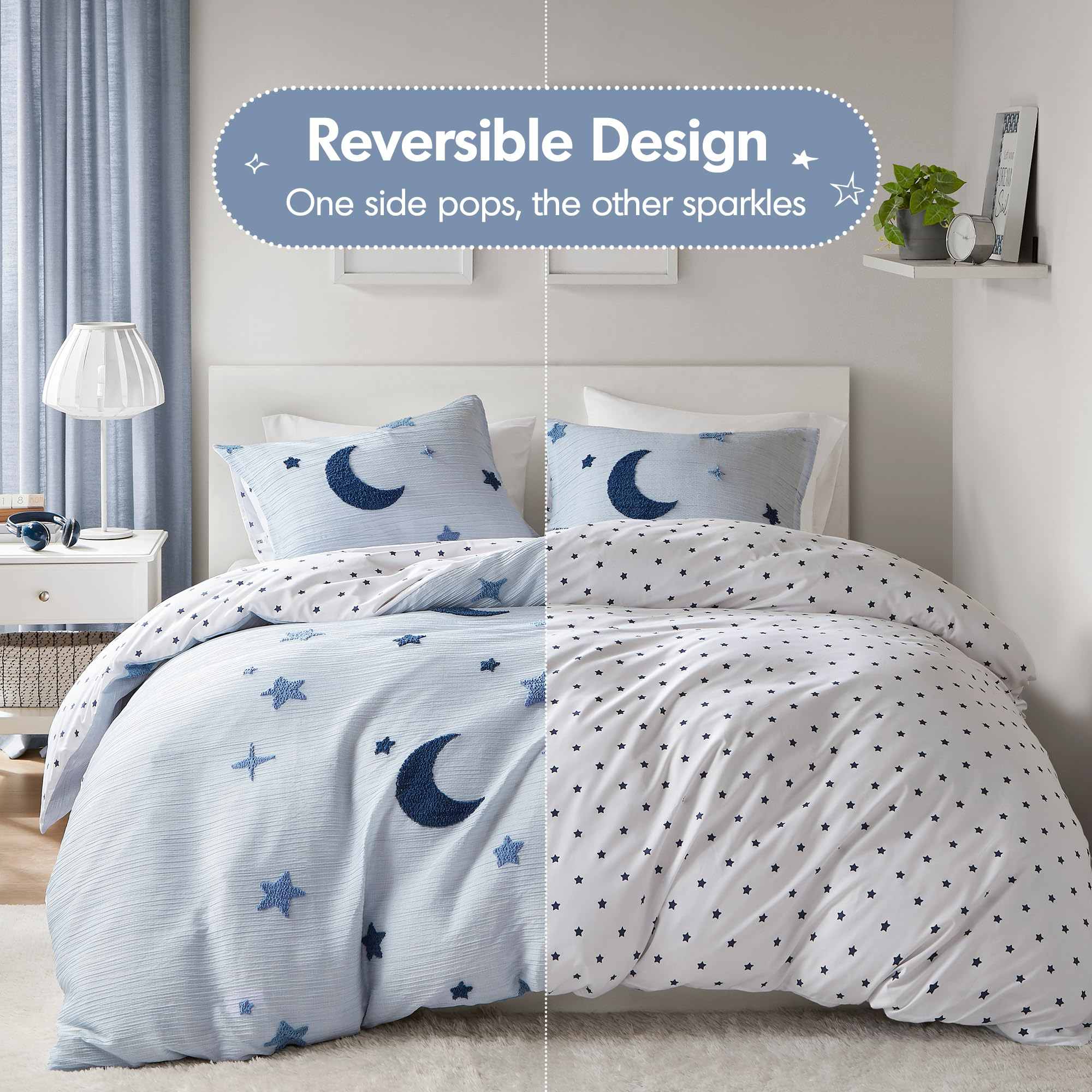 Tufted Chenille Star & Moon Comforter Set – Pastel Galaxy Design for Kids