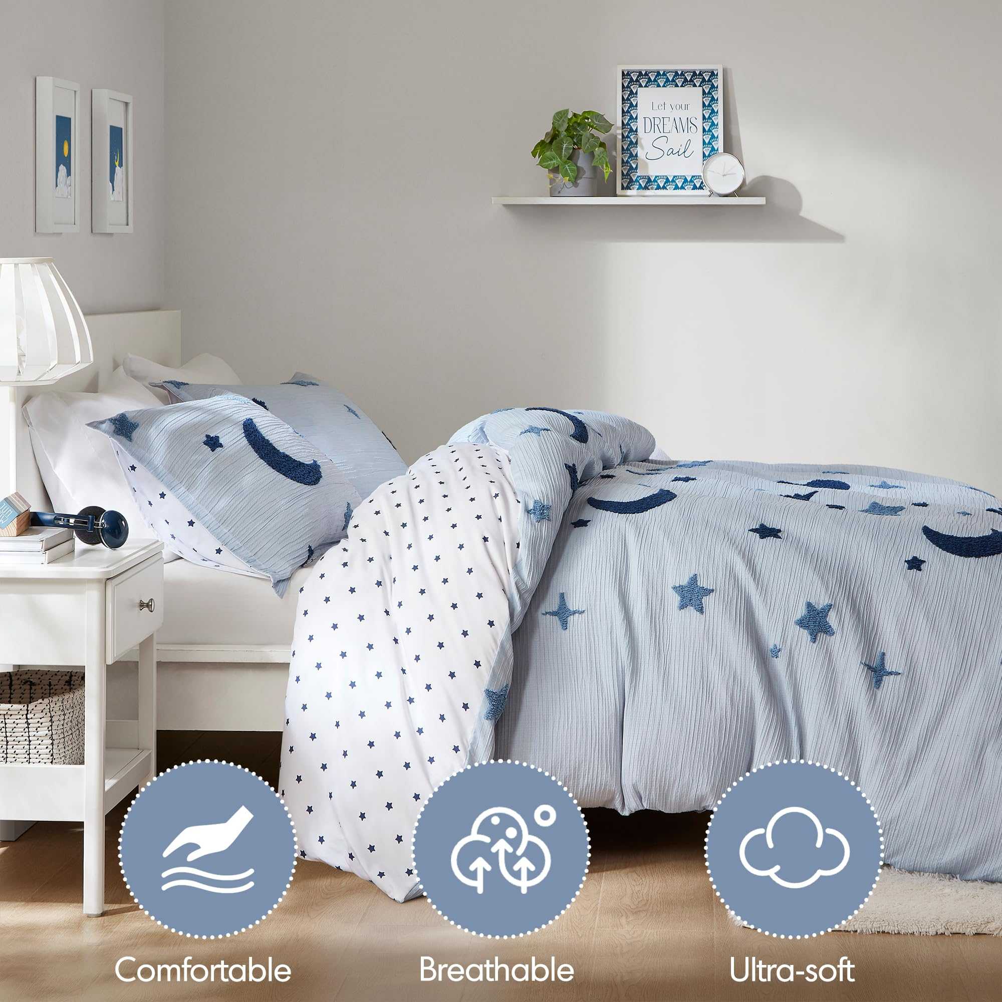 Tufted Chenille Star & Moon Comforter Set – Pastel Galaxy Design for Kids