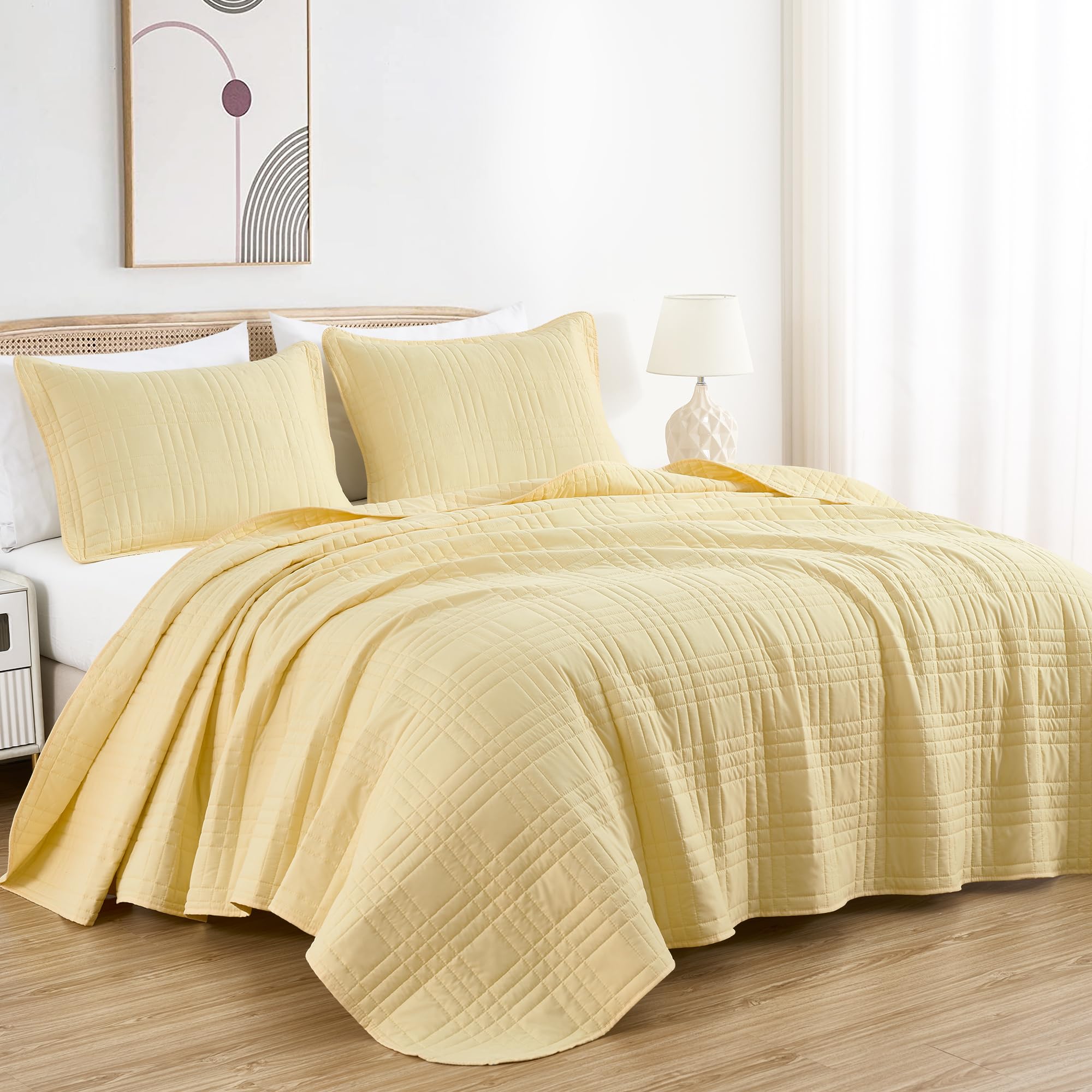 Microfiber Quilted Bedspread Set – Grid Stitch 3-Piece Bedding Collection