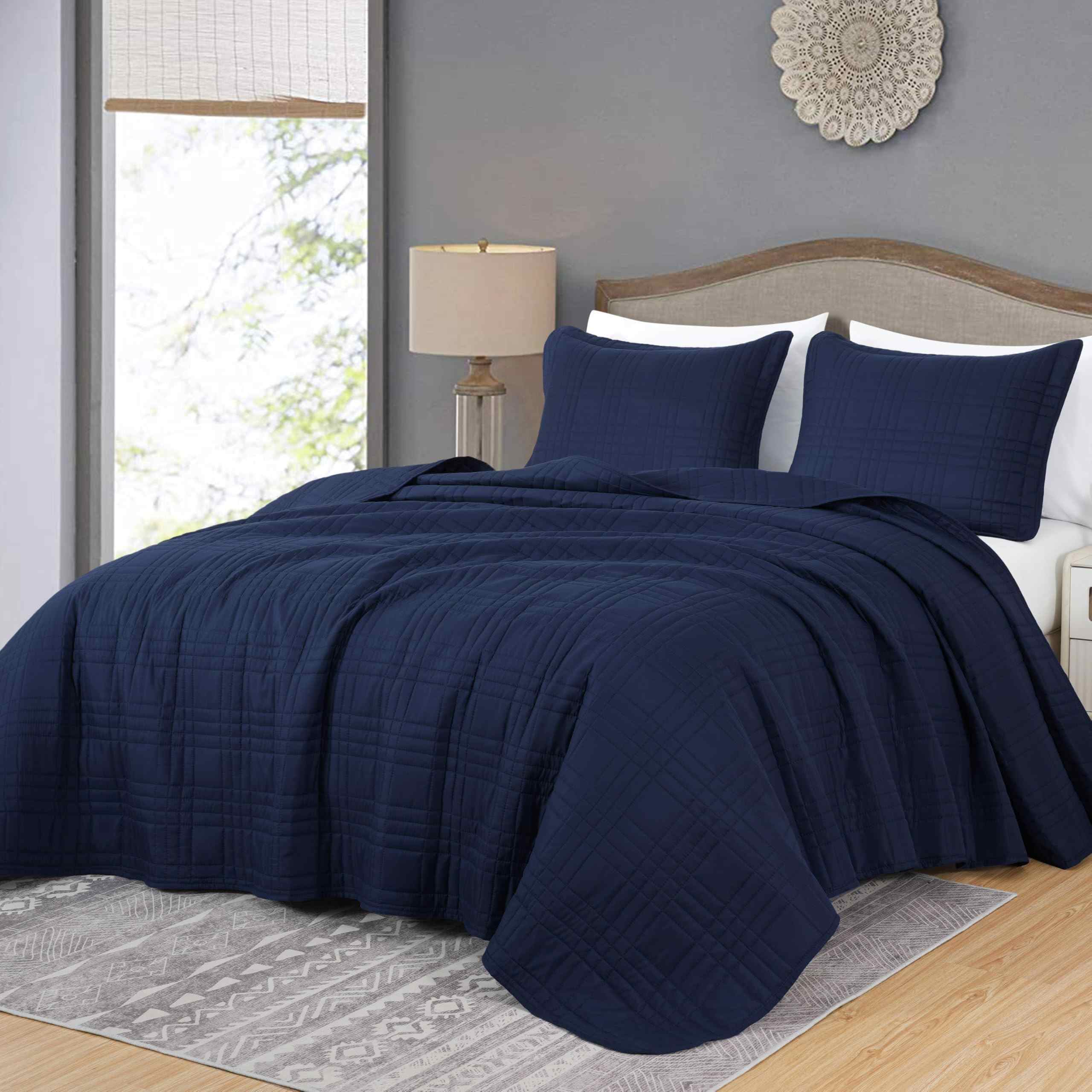 Microfiber Quilted Bedspread Set – Grid Stitch 3-Piece Bedding Collection
