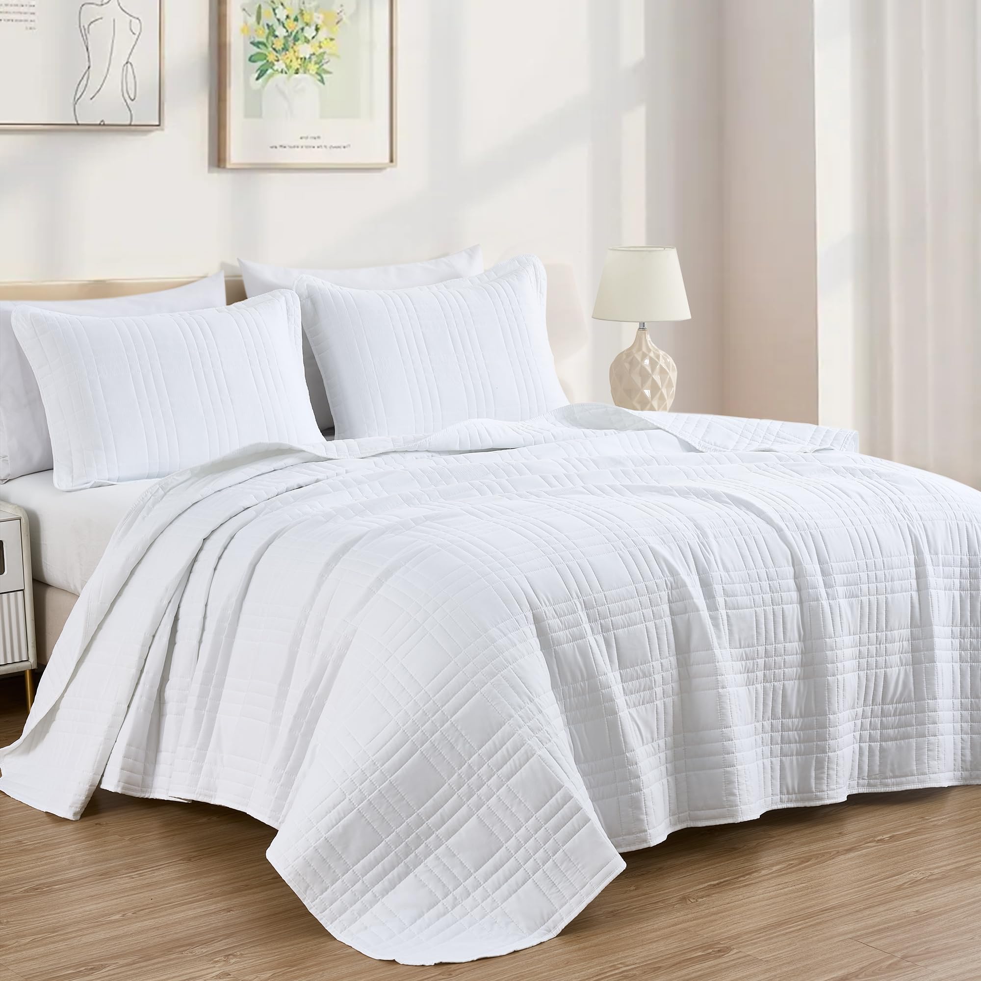Microfiber Quilted Bedspread Set – Grid Stitch 3-Piece Bedding Collection