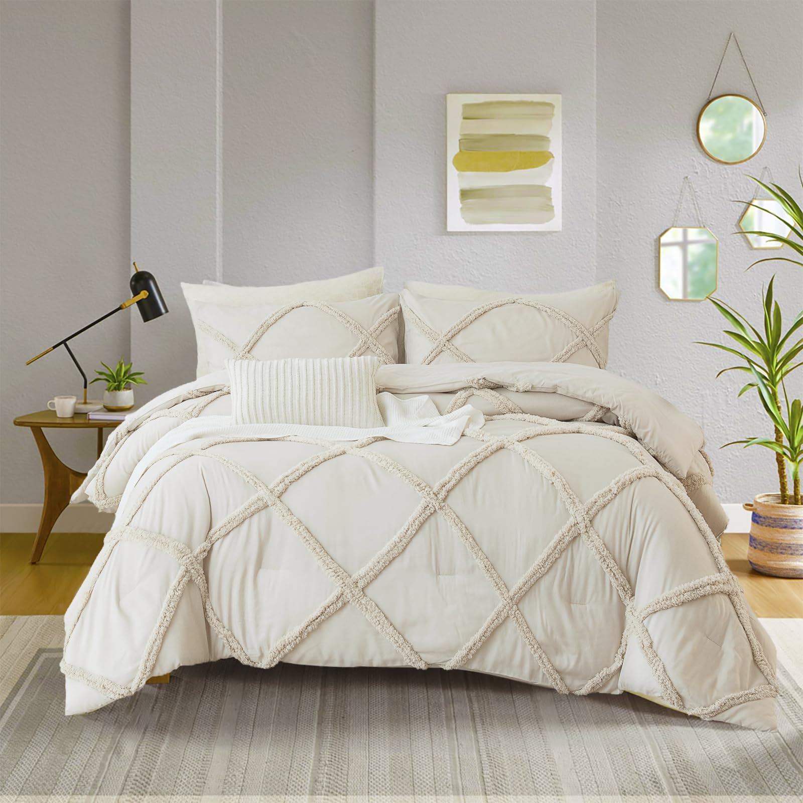 Geometric Tufted Comforter Set – Solid Color Microfiber 3-Piece Bedding Collection