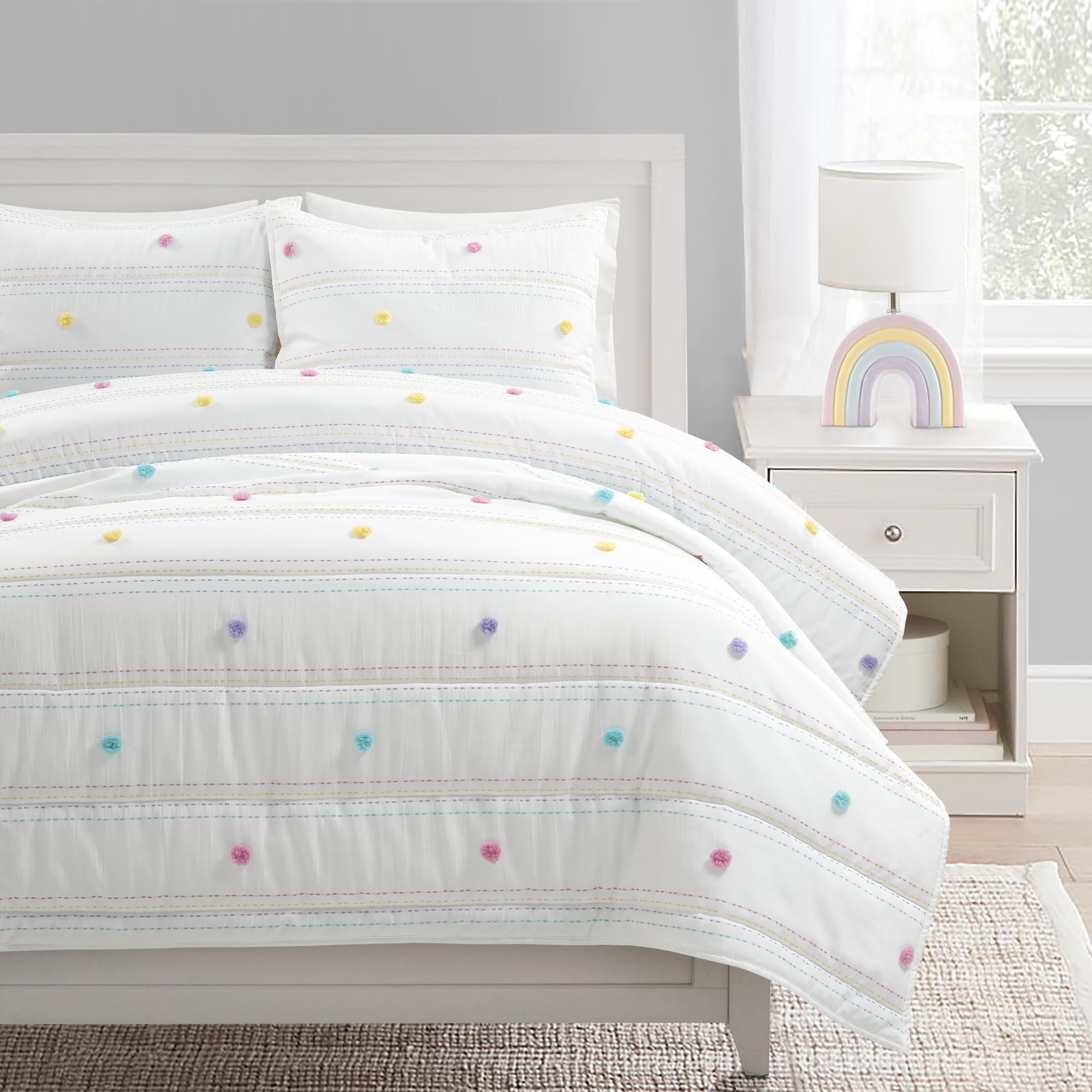 Rainbow Pom-Pom Striped Comforter Set – Colorful Microfiber 3-Piece Bedding Collection