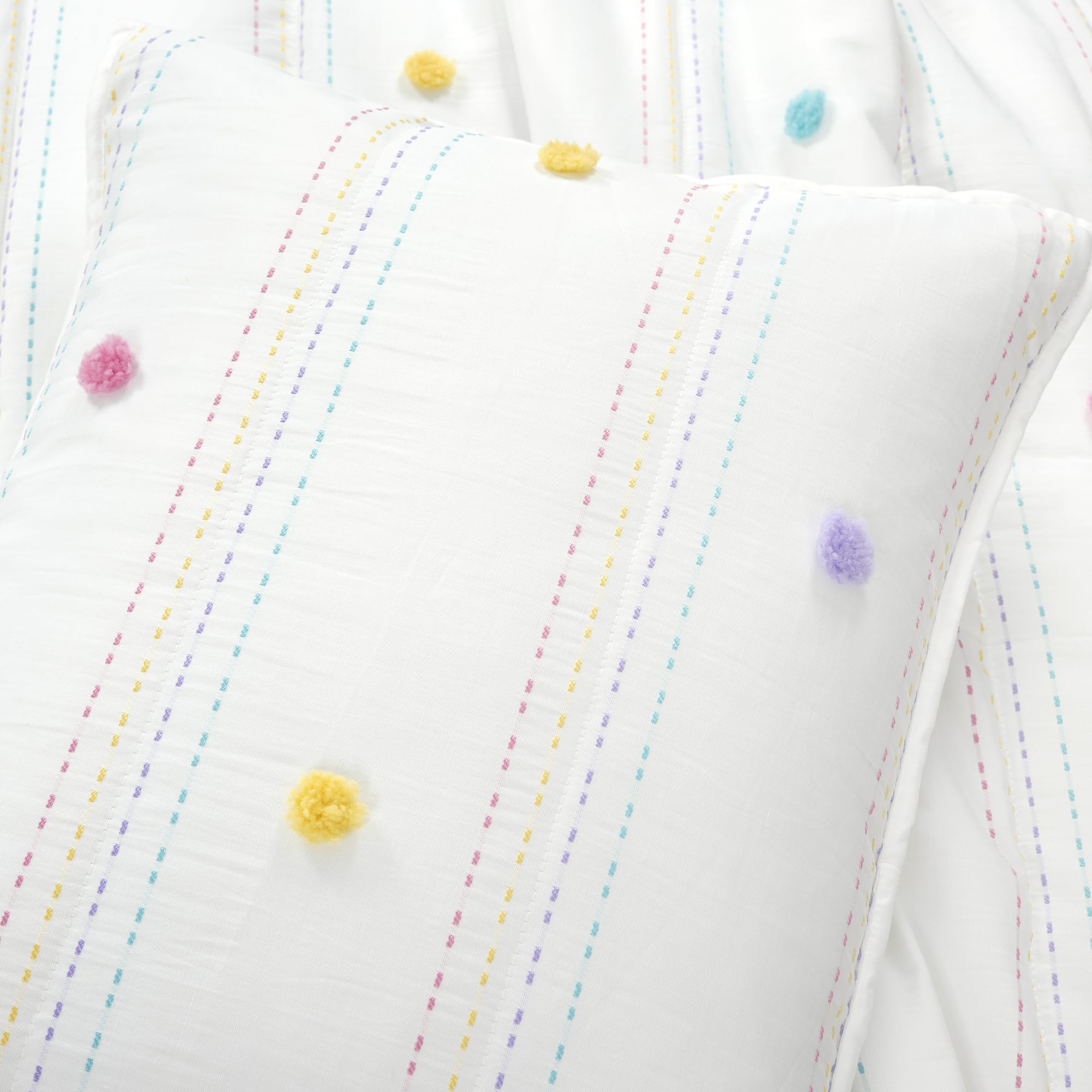 Rainbow Pom-Pom Striped Comforter Set – Colorful Microfiber 3-Piece Bedding Collection