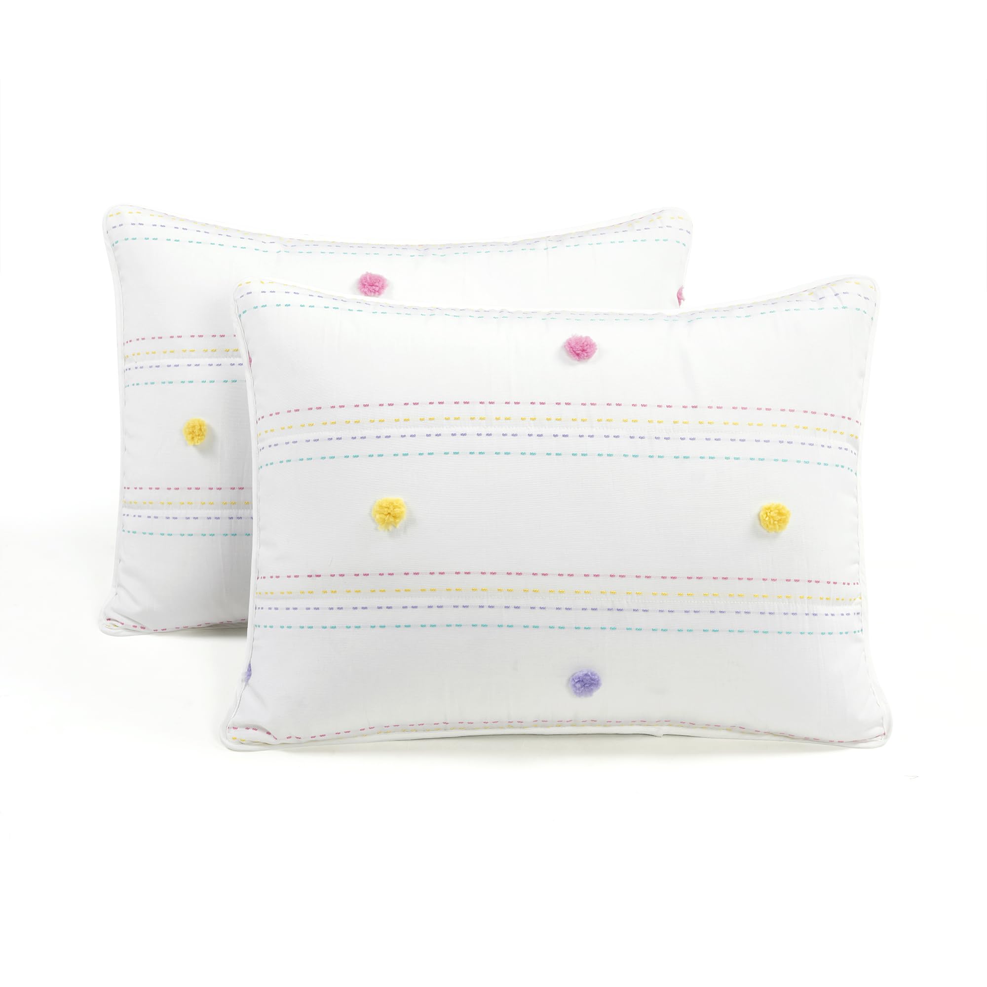 Rainbow Pom-Pom Striped Comforter Set – Colorful Microfiber 3-Piece Bedding Collection