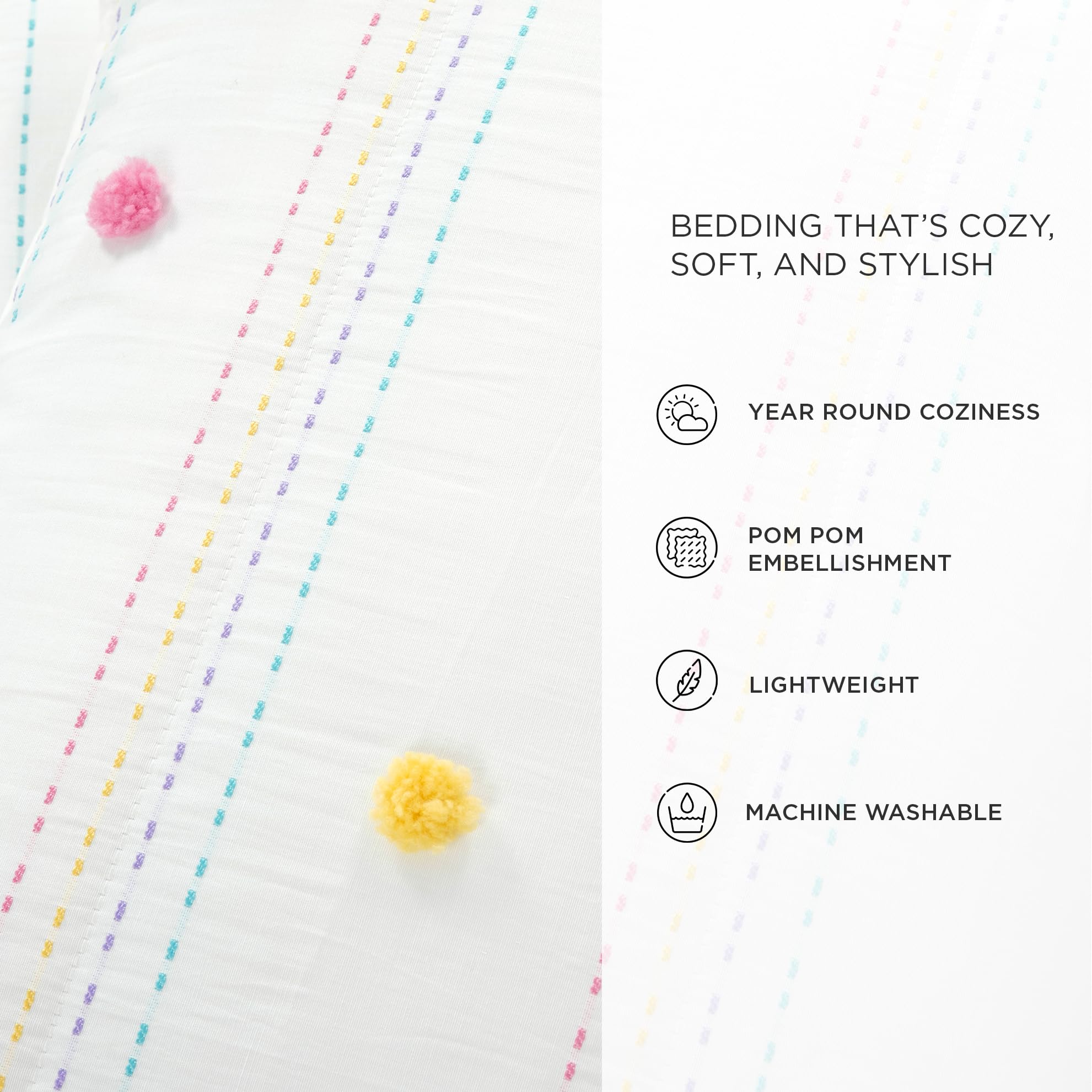 Rainbow Pom-Pom Striped Comforter Set – Colorful Microfiber 3-Piece Bedding Collection