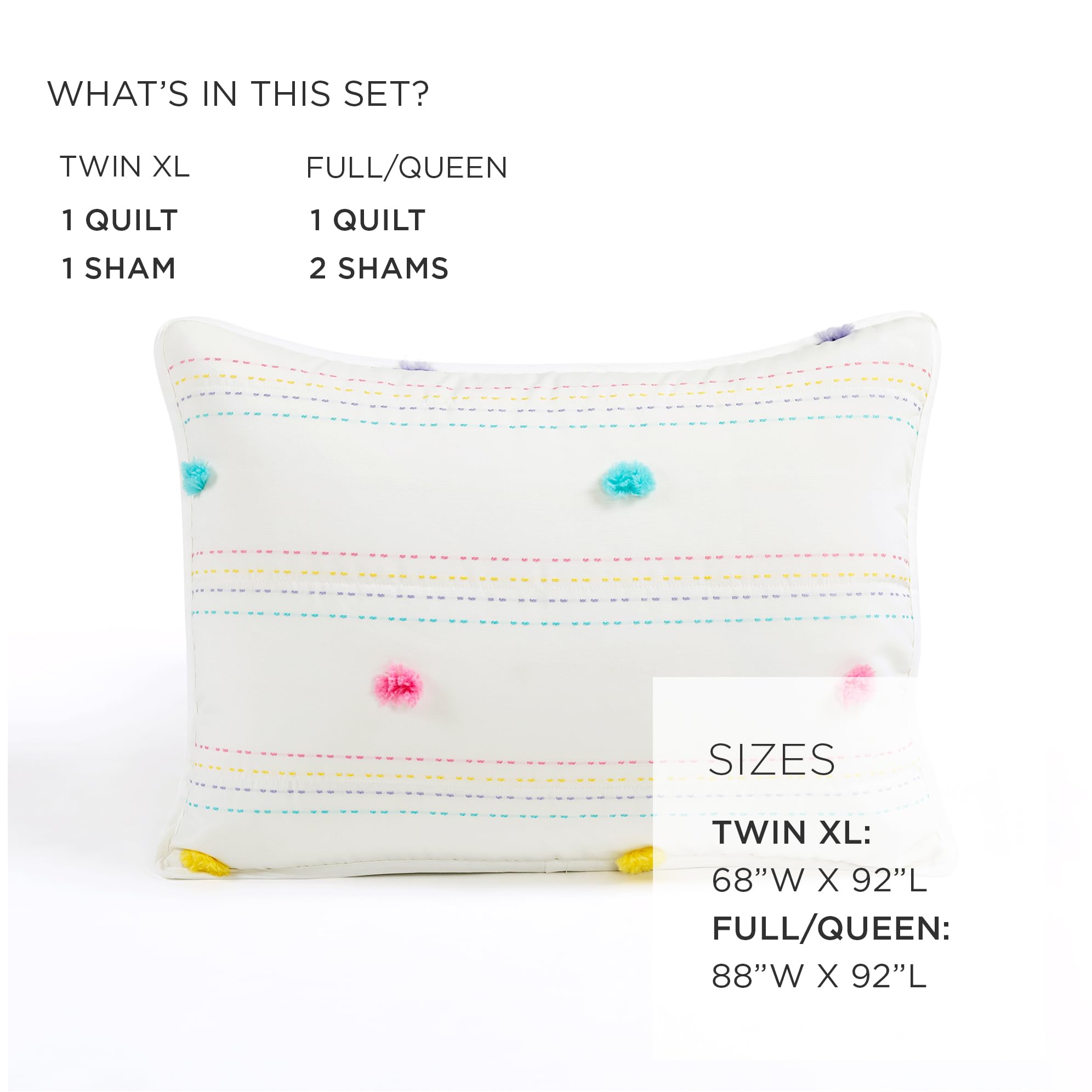 Rainbow Pom-Pom Striped Comforter Set – Colorful Microfiber 3-Piece Bedding Collection