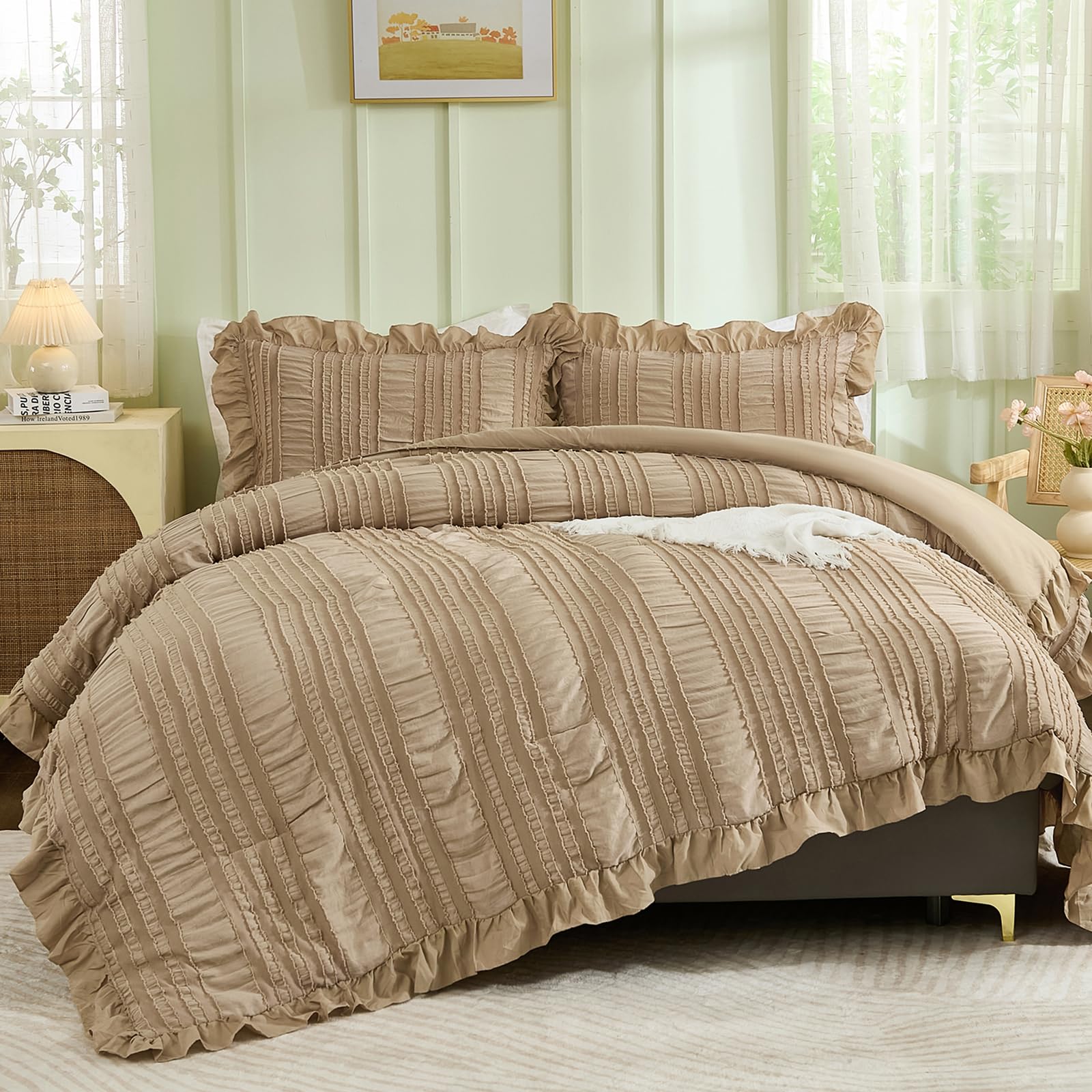 Bohemian Ruffle Seersucker Comforter Set – Tufted Bubble Texture 3-Piece Bedding Collection