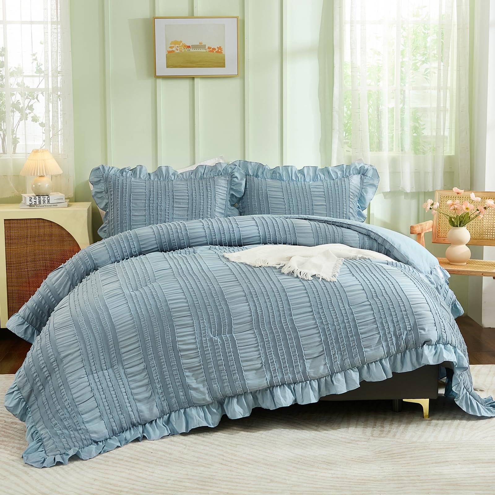 Bohemian Ruffle Seersucker Comforter Set – Tufted Bubble Texture 3-Piece Bedding Collection