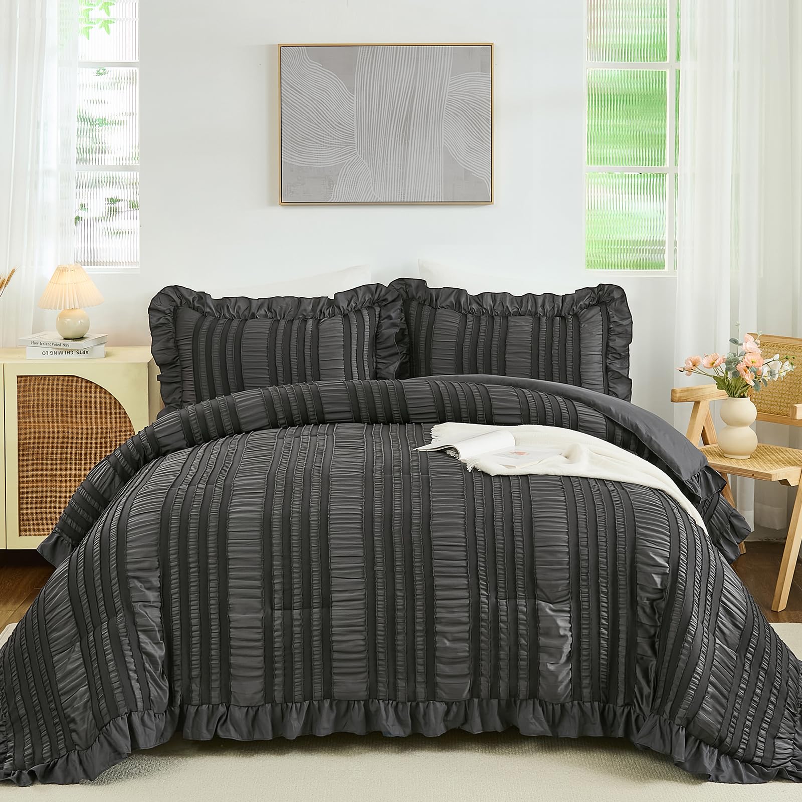 Bohemian Ruffle Seersucker Comforter Set – Tufted Bubble Texture 3-Piece Bedding Collection