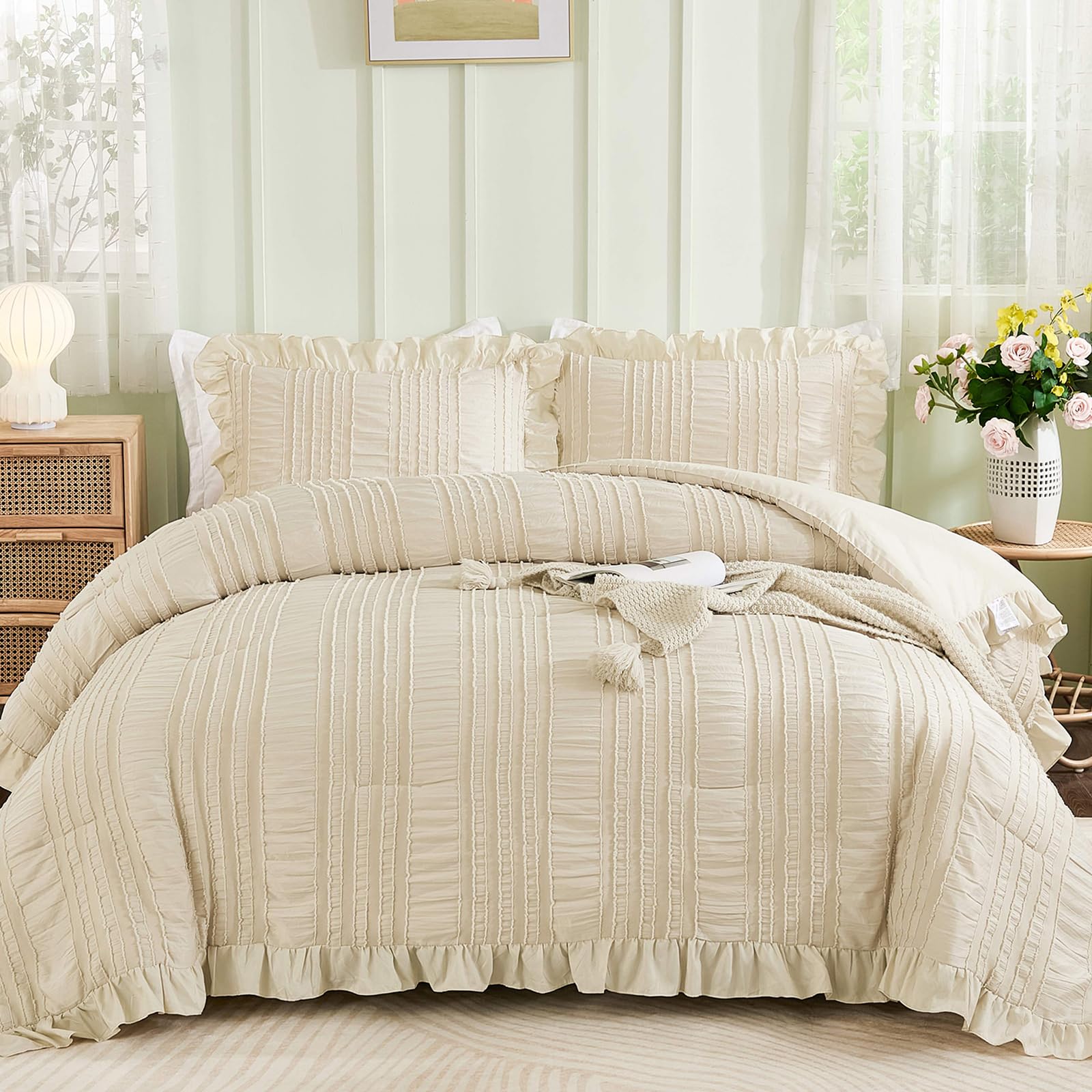 Bohemian Ruffle Seersucker Comforter Set – Tufted Bubble Texture 3-Piece Bedding Collection
