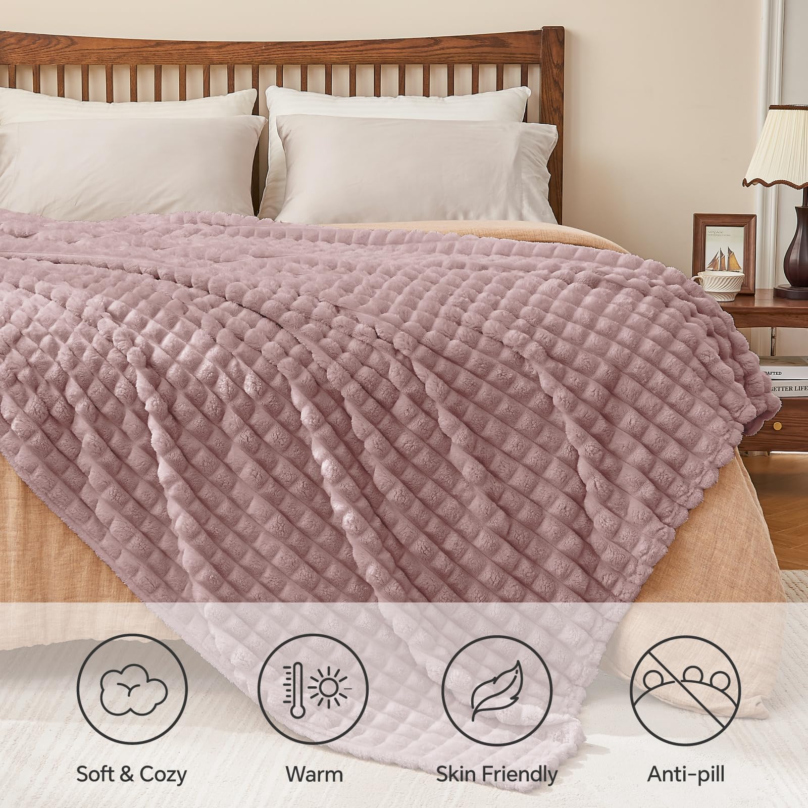 3D Grid Plush Throw Blanket – Textured Microfiber Fleece All-Season Blanket