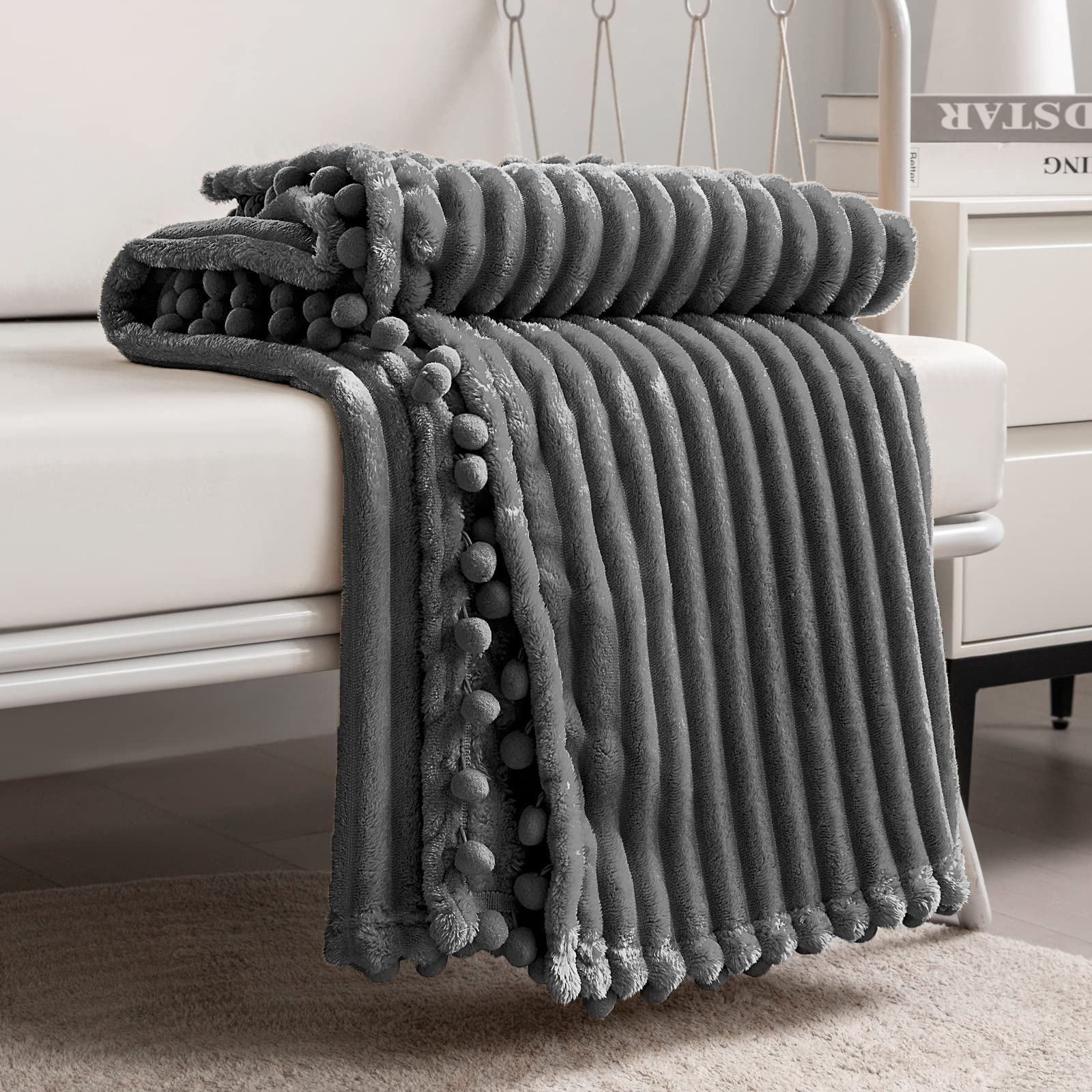 Pom-Pom Tassel Flannel Throw Blanket – Striped Soft Fleece Decorative Blanket