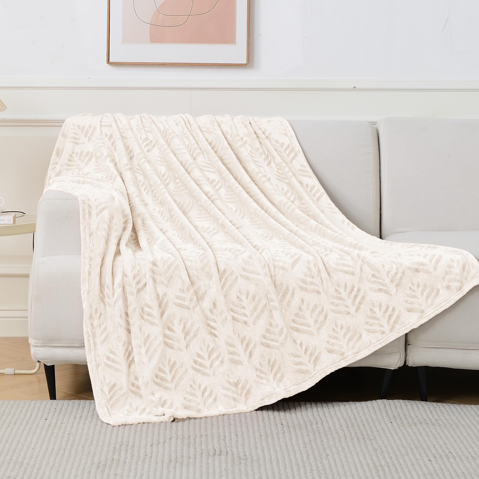 Leaf Pattern Jacquard Flannel Throw Blanket – Soft Plush Microfiber Fleece