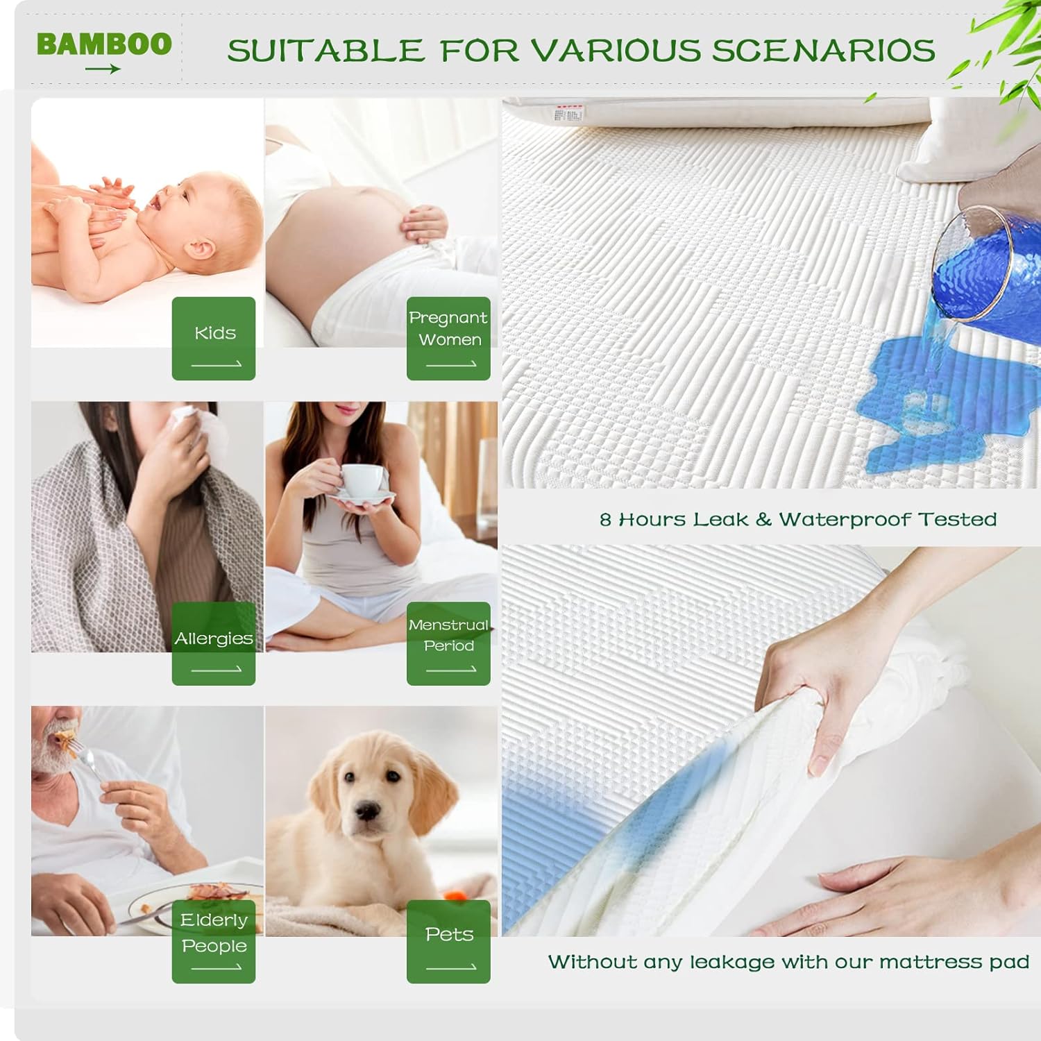 Bamboo Fiber Waterproof Mattress Protector with Breathable TPU Layer & Deep Pocket Fit