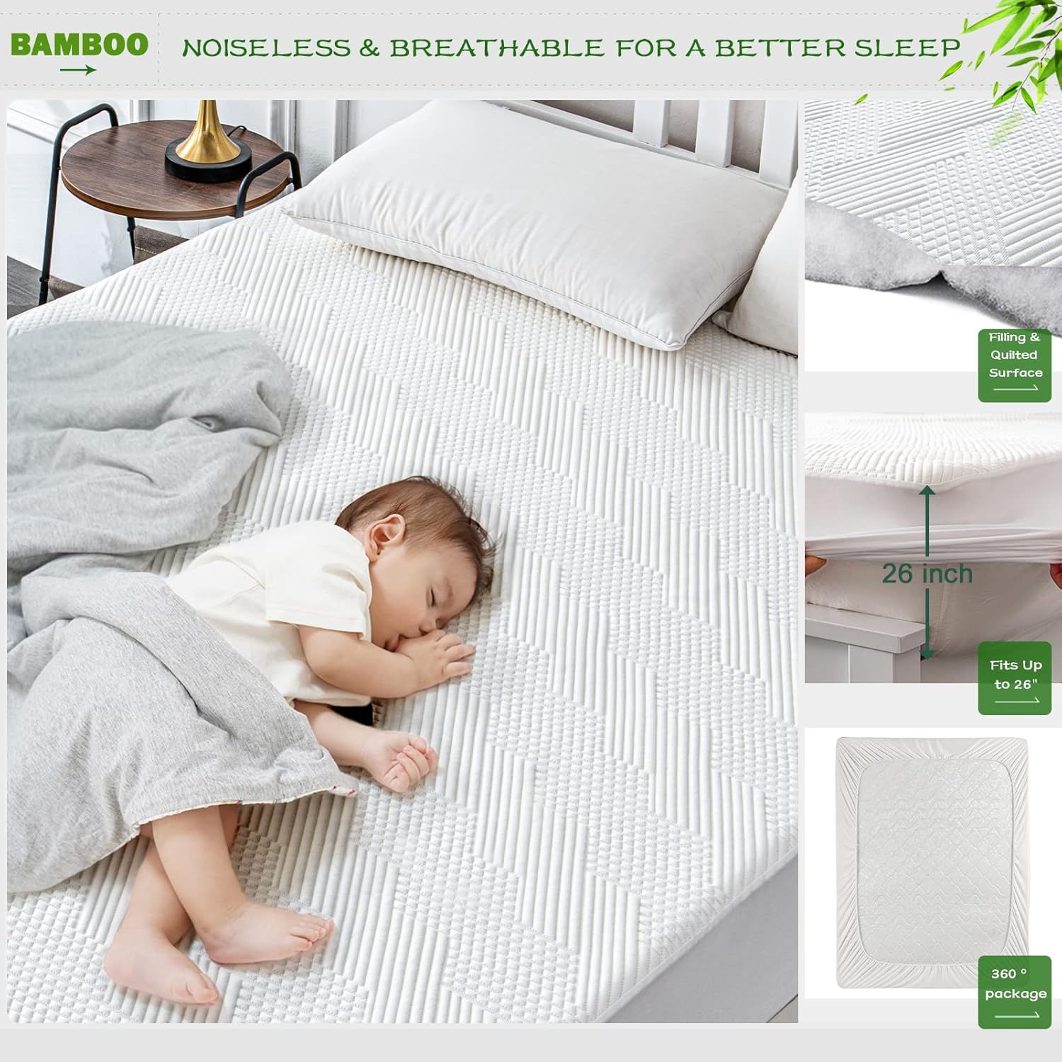Bamboo Fiber Waterproof Mattress Protector with Breathable TPU Layer & Deep Pocket Fit