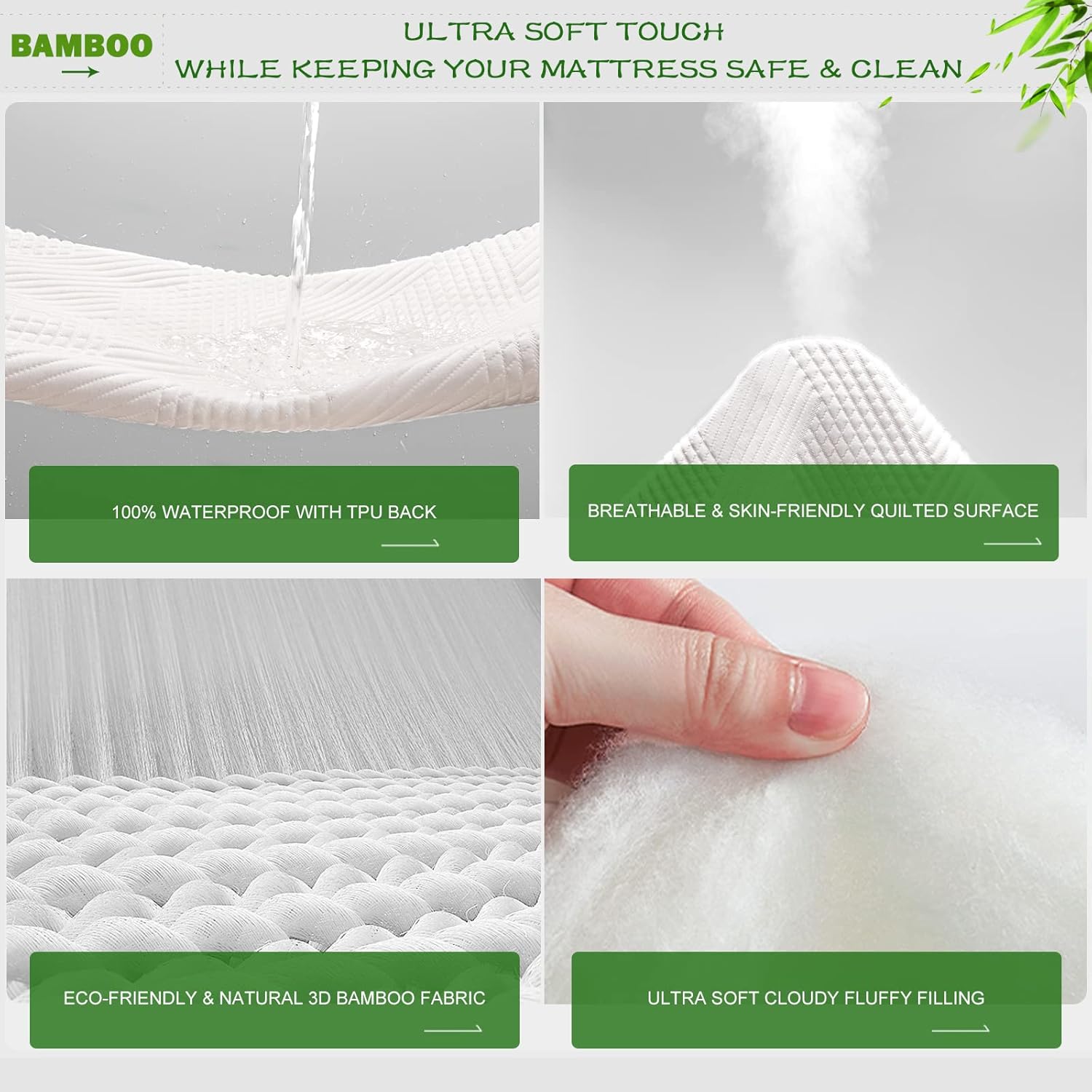 Bamboo Fiber Waterproof Mattress Protector with Breathable TPU Layer & Deep Pocket Fit